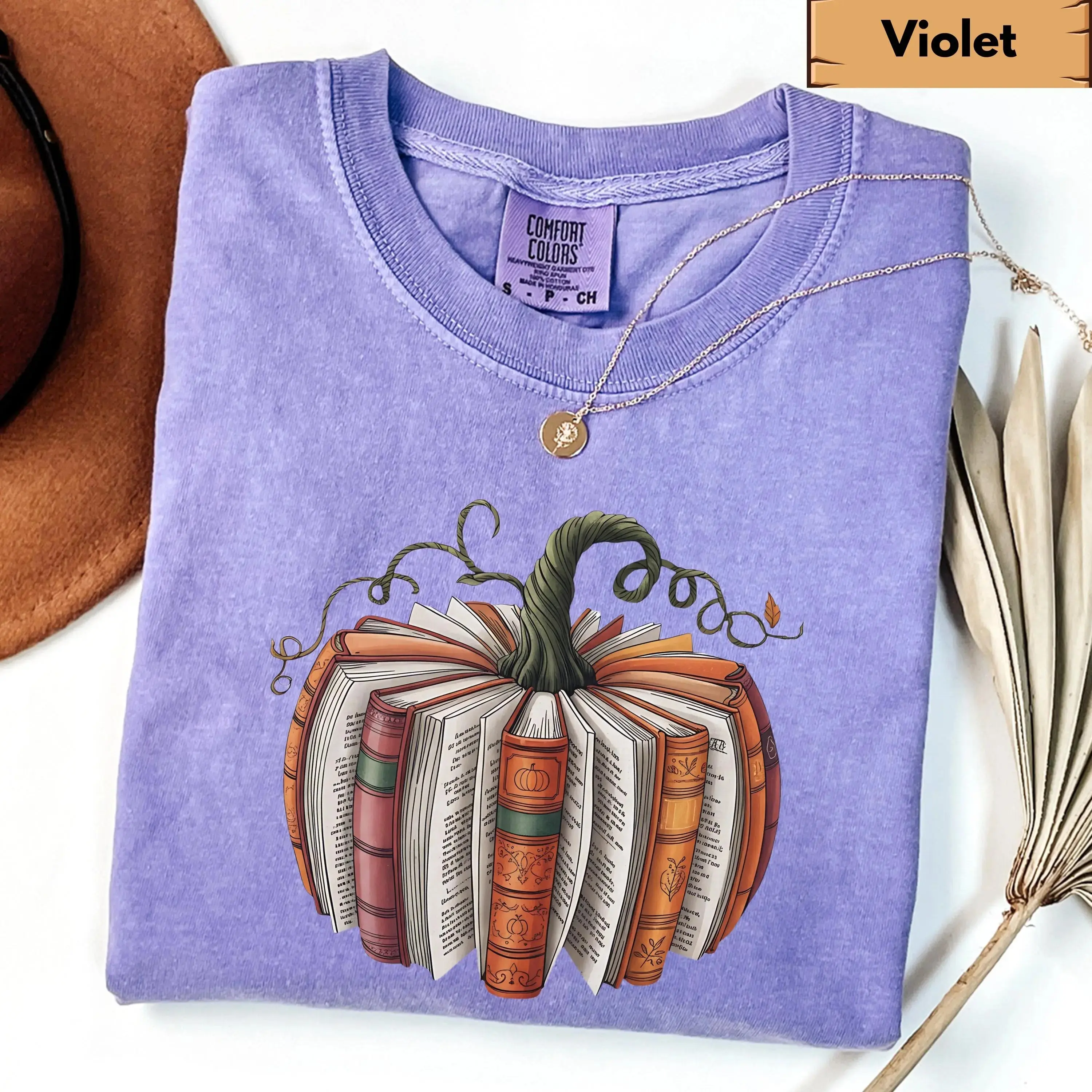 Comfort Colors Fall Book Pumpkin Shirt, Halloween Cozy Bookish Autumn Lover Graphic Tee - photo 5