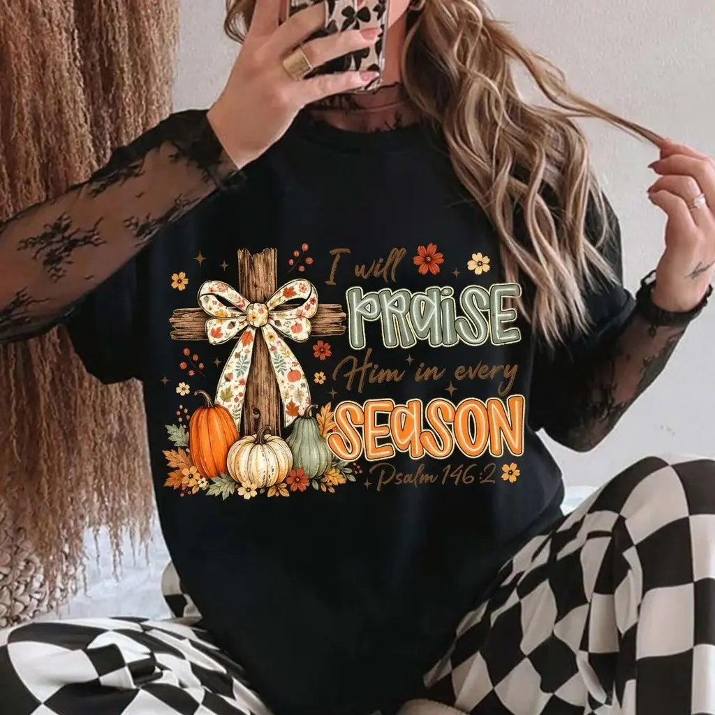 Comfort Colors Fall Christian Cross Shirt, Retro Autumn Pumpkin Spice Floral Coquette Graphic Tee - photo 4