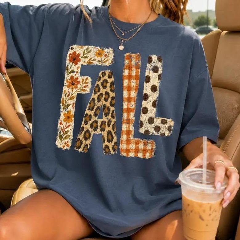 Comfort Colors Fall Floral Leopard Gingham Graphic Tee, Retro Autumn Cute Shirt for Women, Cozy Thanksgiving Gift