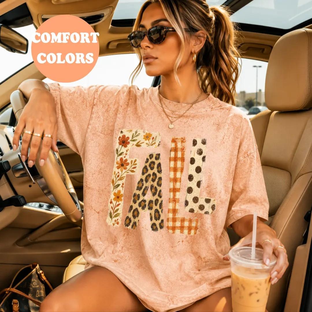 Comfort Colors Fall Floral Leopard Gingham Graphic Tee, Retro Autumn Cute Shirt for Women, Cozy Thanksgiving Gift - photo 4