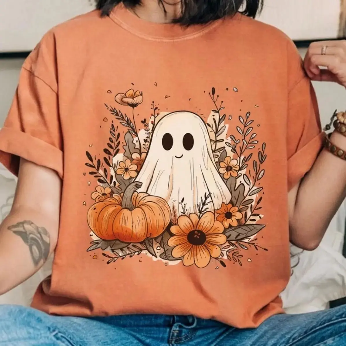 Comfort Colors Fall Ghost Shirt, Floral Pumpkin Halloween Tee, Cute Autumn Graphic Top, Gifts for Women - photo 2