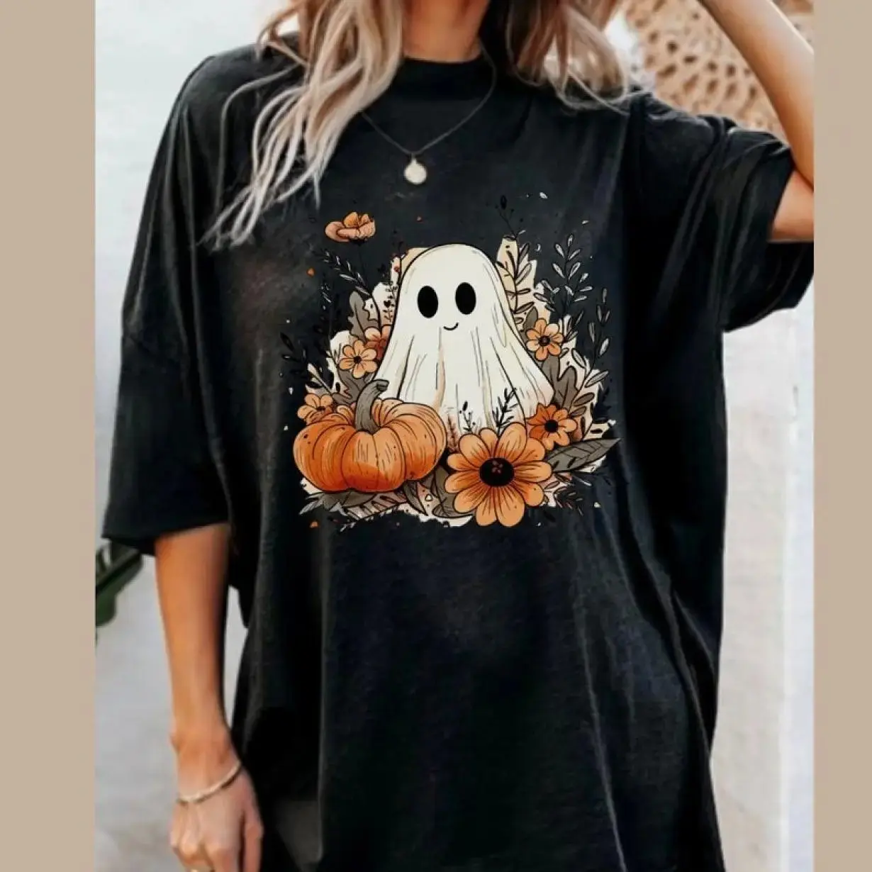 Comfort Colors Fall Ghost Shirt for Women, Floral Halloween Pumpkin Tee, Cute Autumn Graphic Top