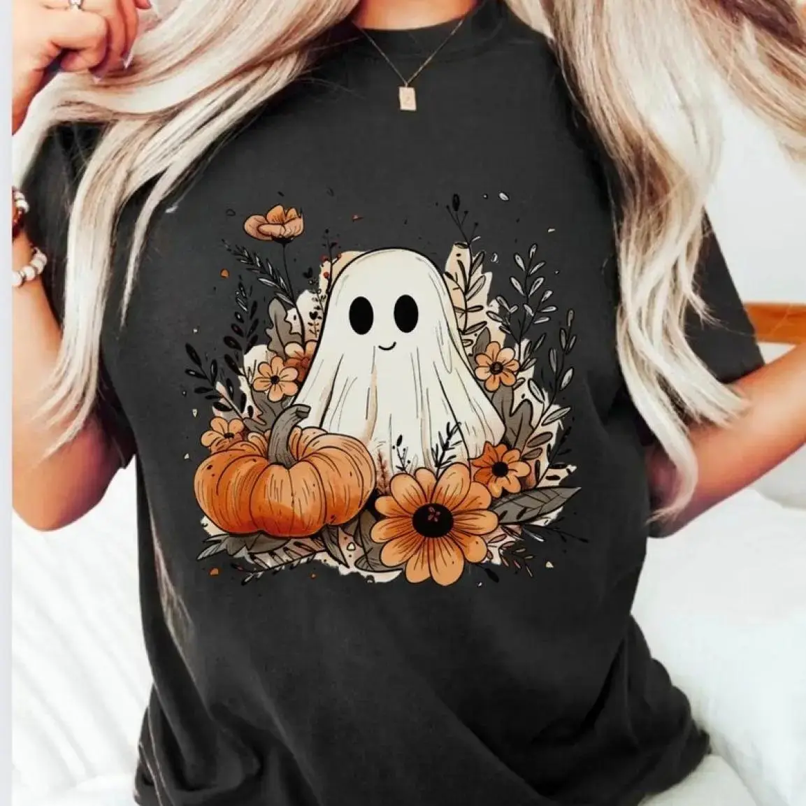 Comfort Colors Fall Ghost Shirt for Women, Floral Halloween Pumpkin Tee, Cute Autumn Graphic Top - photo 2