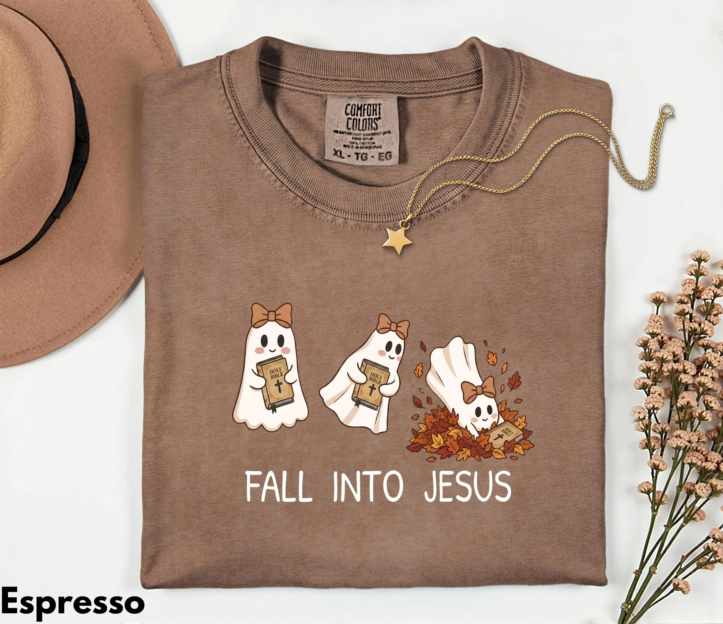 Comfort Colors Fall Into Jesus Sweatshirt, Christian Halloween Holy Ghost Tee, Faith Spooky Season Autumn Church Top