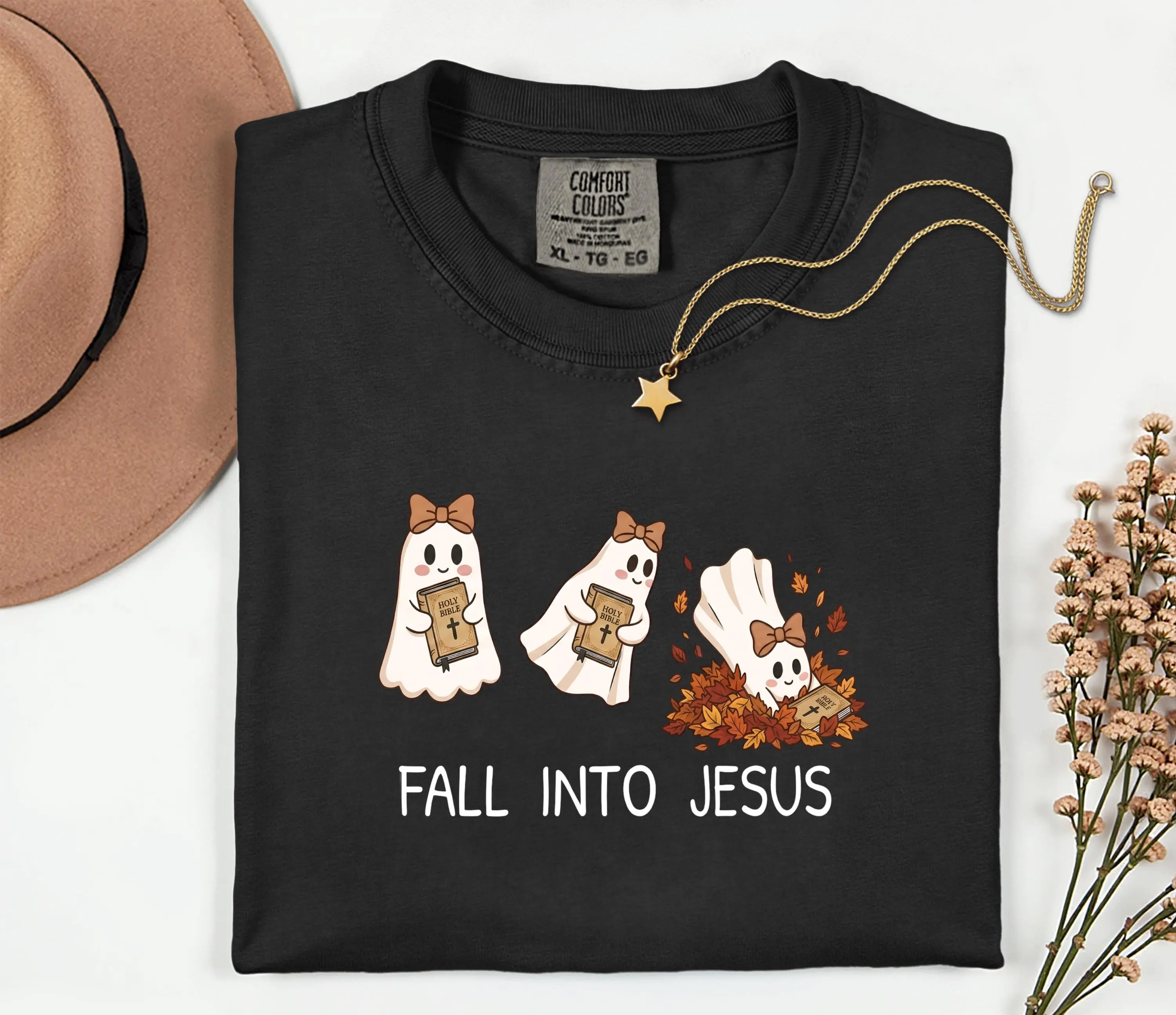Comfort Colors Fall Into Jesus Sweatshirt, Christian Halloween Holy Ghost Tee, Faith Spooky Season Autumn Church Top - photo 2