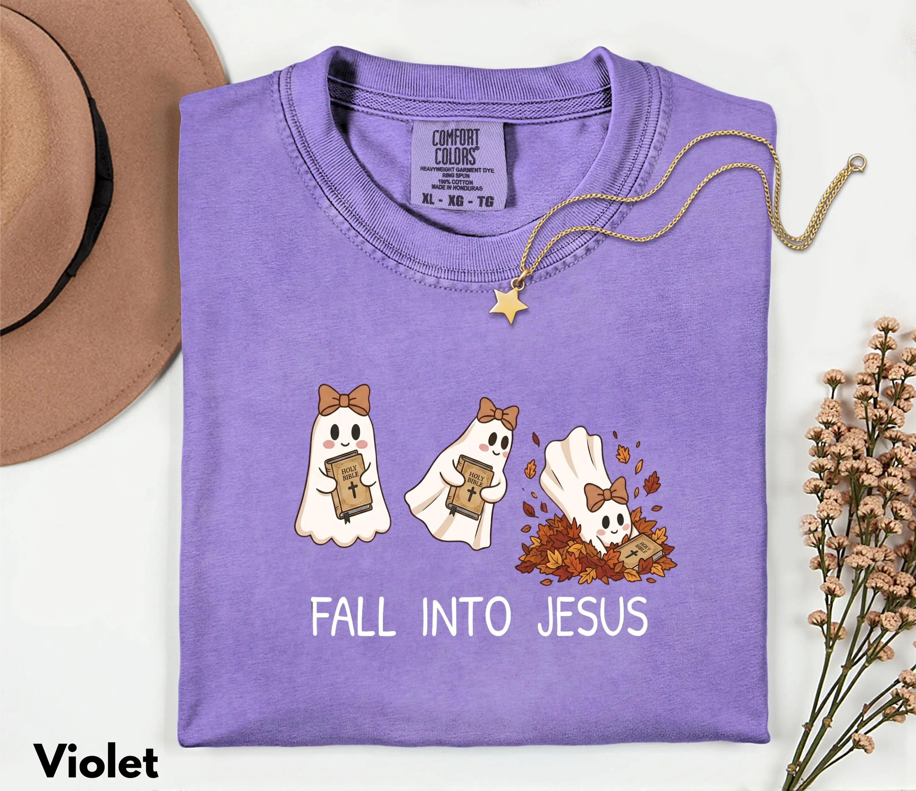 Comfort Colors Fall Into Jesus Sweatshirt, Christian Halloween Holy Ghost Tee, Faith Spooky Season Autumn Church Top - photo 3