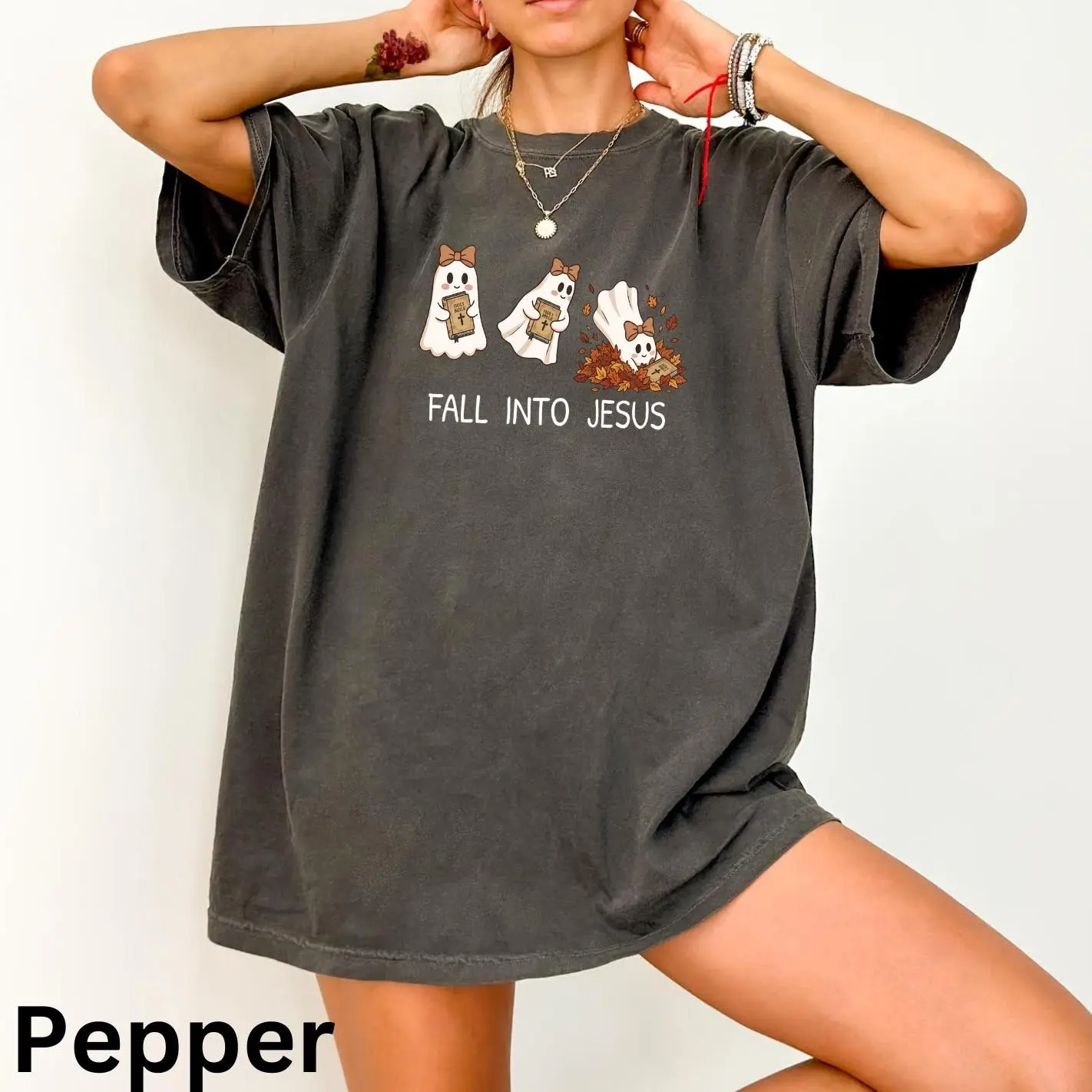 Comfort Colors Fall Into Jesus Sweatshirt, Christian Halloween Holy Ghost Tee, Faith Spooky Season Autumn Church Top - photo 4