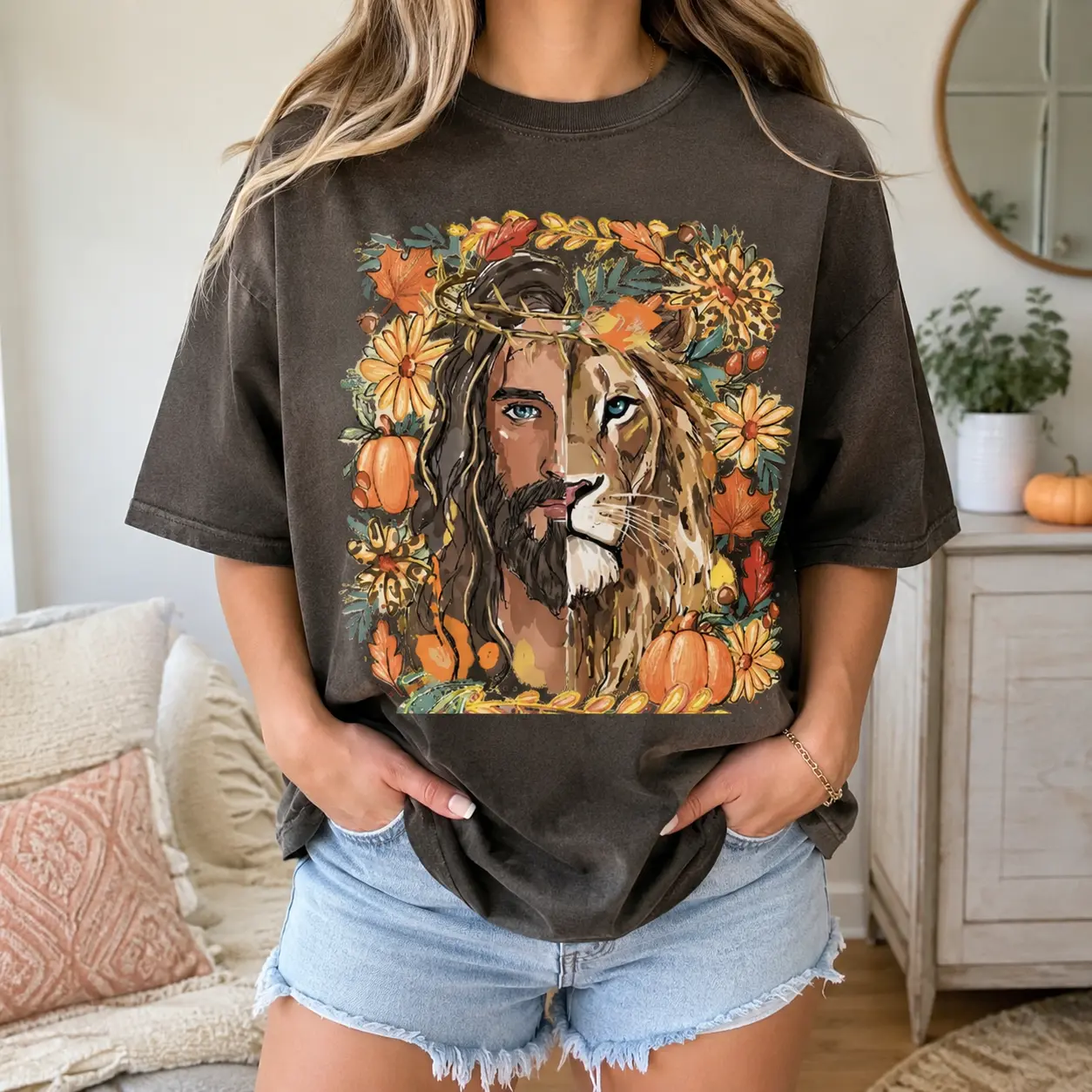 Comfort Colors Fall Lion of Judah Jesus Shirt, Pumpkin Christian Religious Faith God Church Graphic Tee