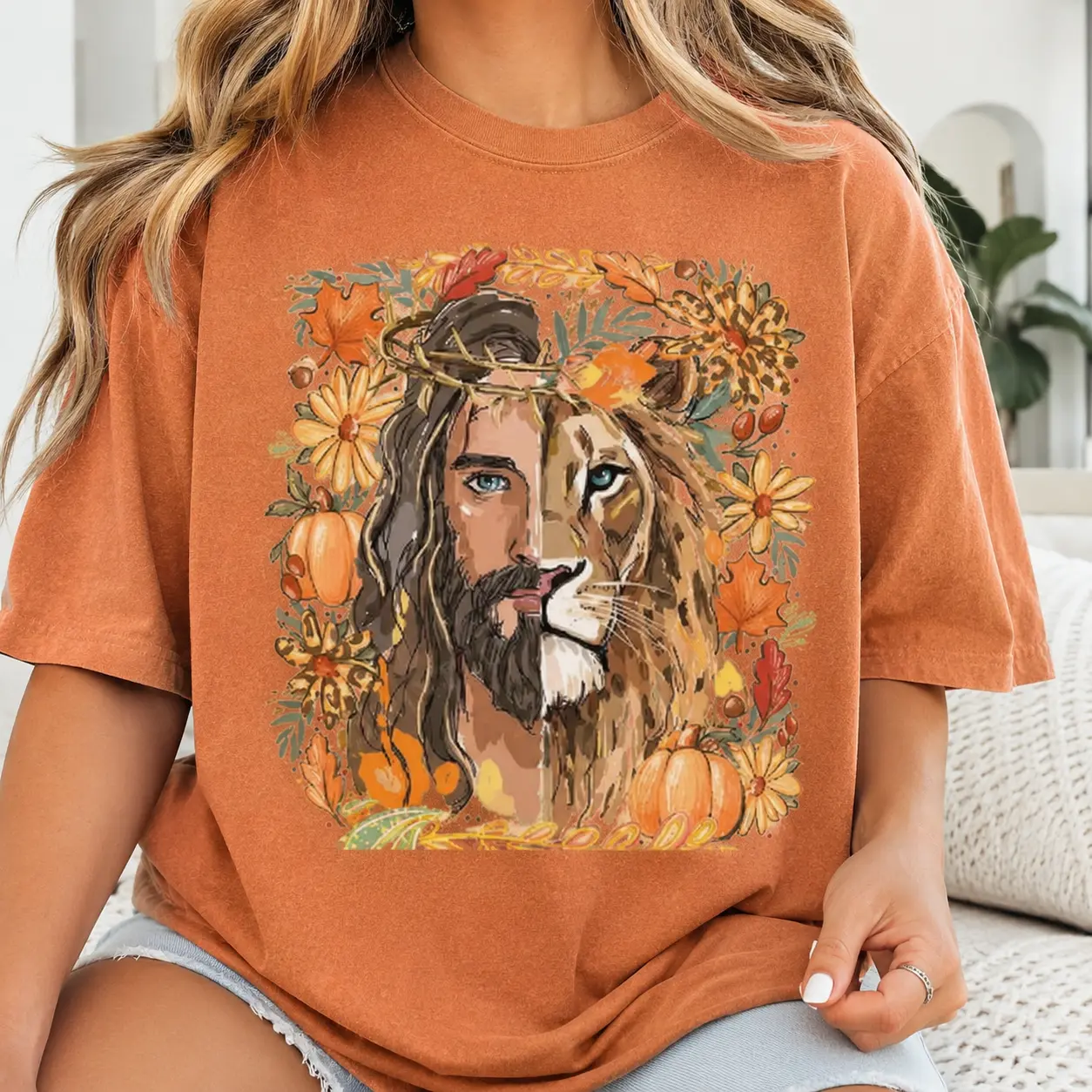 Comfort Colors Fall Lion of Judah Jesus Shirt, Pumpkin Christian Religious Faith God Church Graphic Tee - photo 2