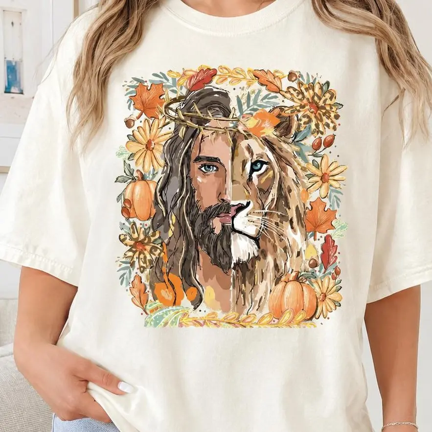 Comfort Colors Fall Lion of Judah Jesus Shirt, Pumpkin Christian Religious Faith God Church Graphic Tee - photo 4