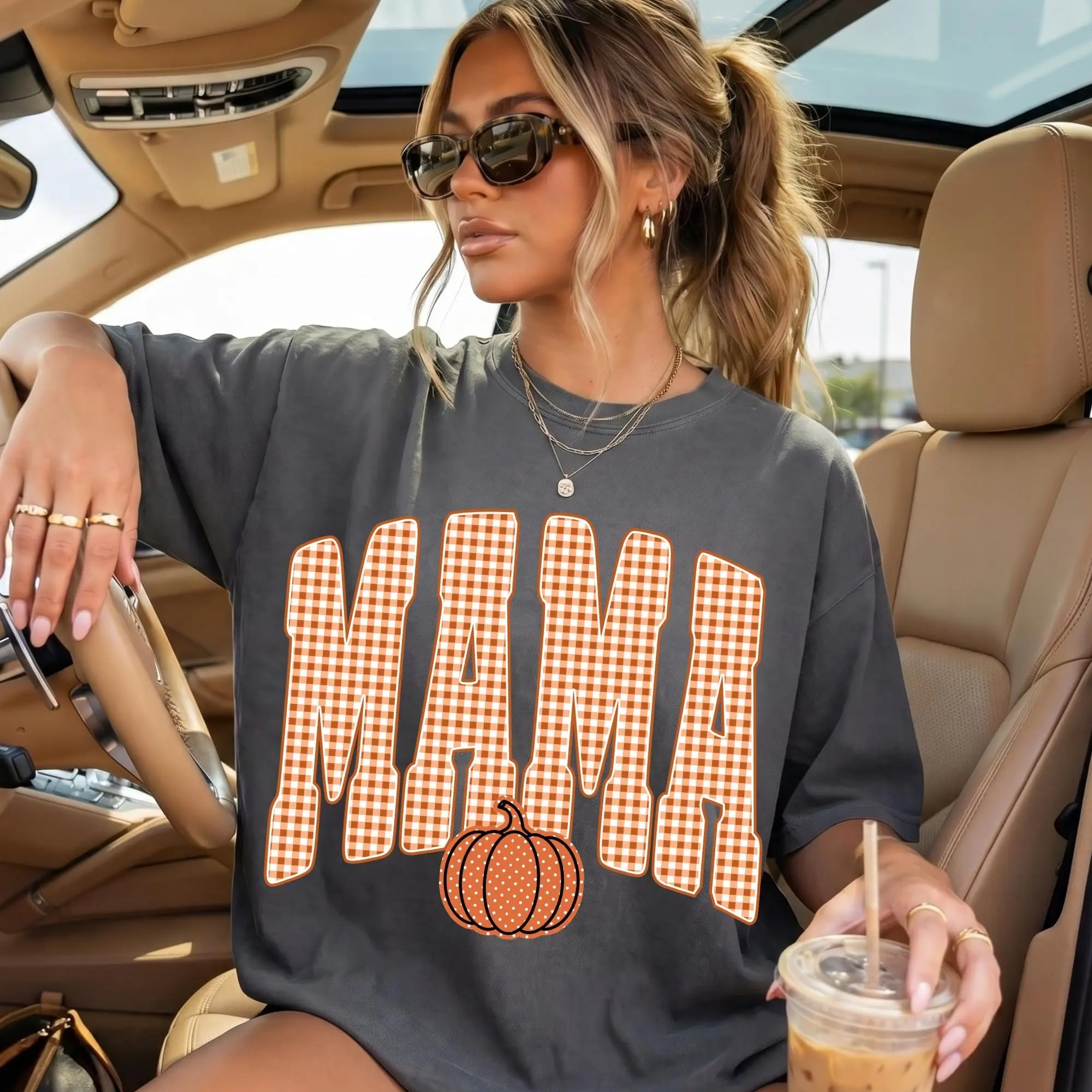 Comfort Colors Fall Mama T-Shirt, Retro Gingham Pumpkin Graphic Tee, Trendy Autumn Mom Thanksgiving Top - photo 1