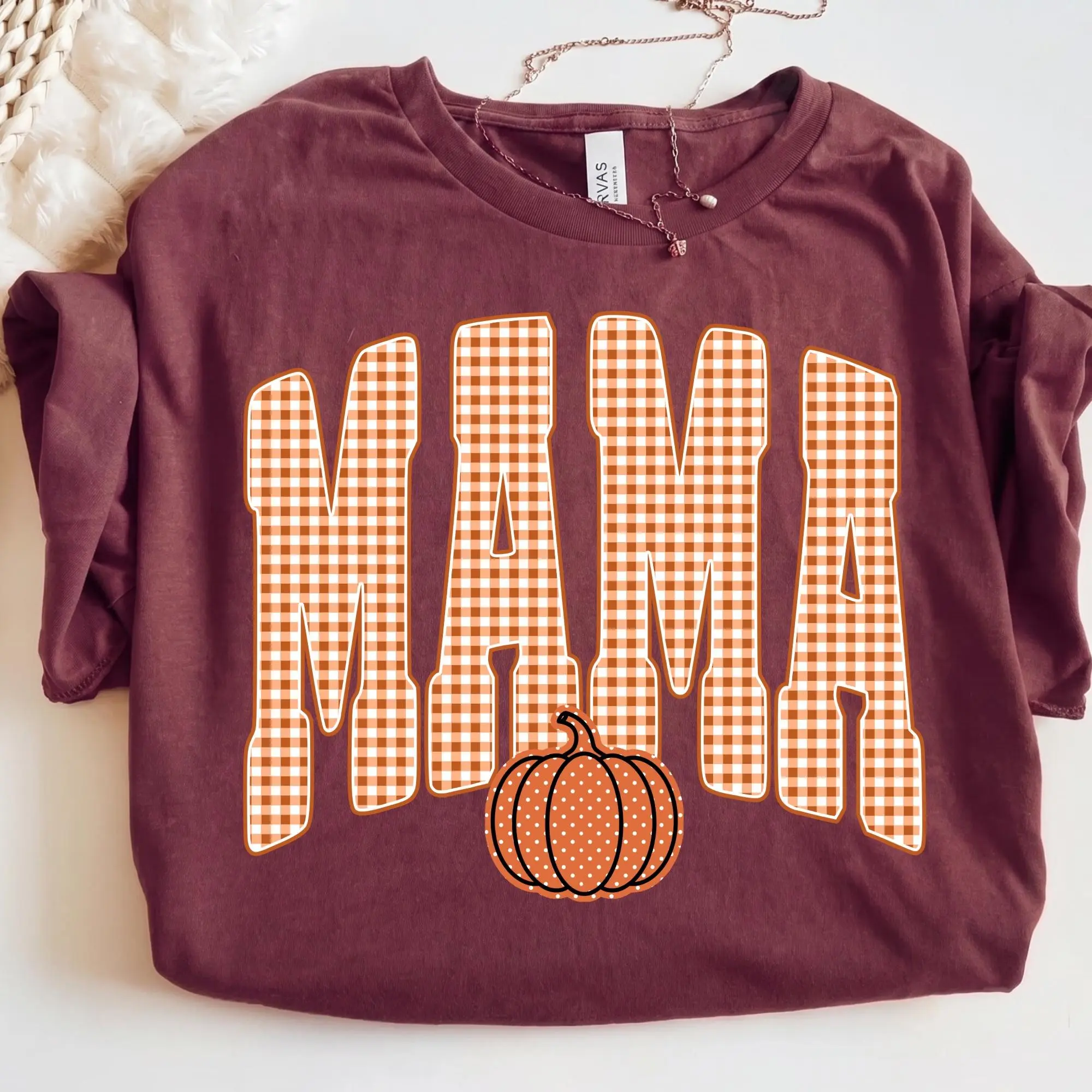 Comfort Colors Fall Mama T-Shirt, Retro Gingham Pumpkin Graphic Tee, Trendy Autumn Mom Thanksgiving Top - photo 5