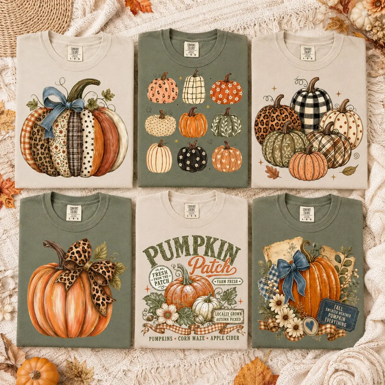 Comfort Colors Fall Patchwork Leopard Bow Pumpkins Shirt, Cute Country Autumn Thanksgiving Day Graphic Tee for Women