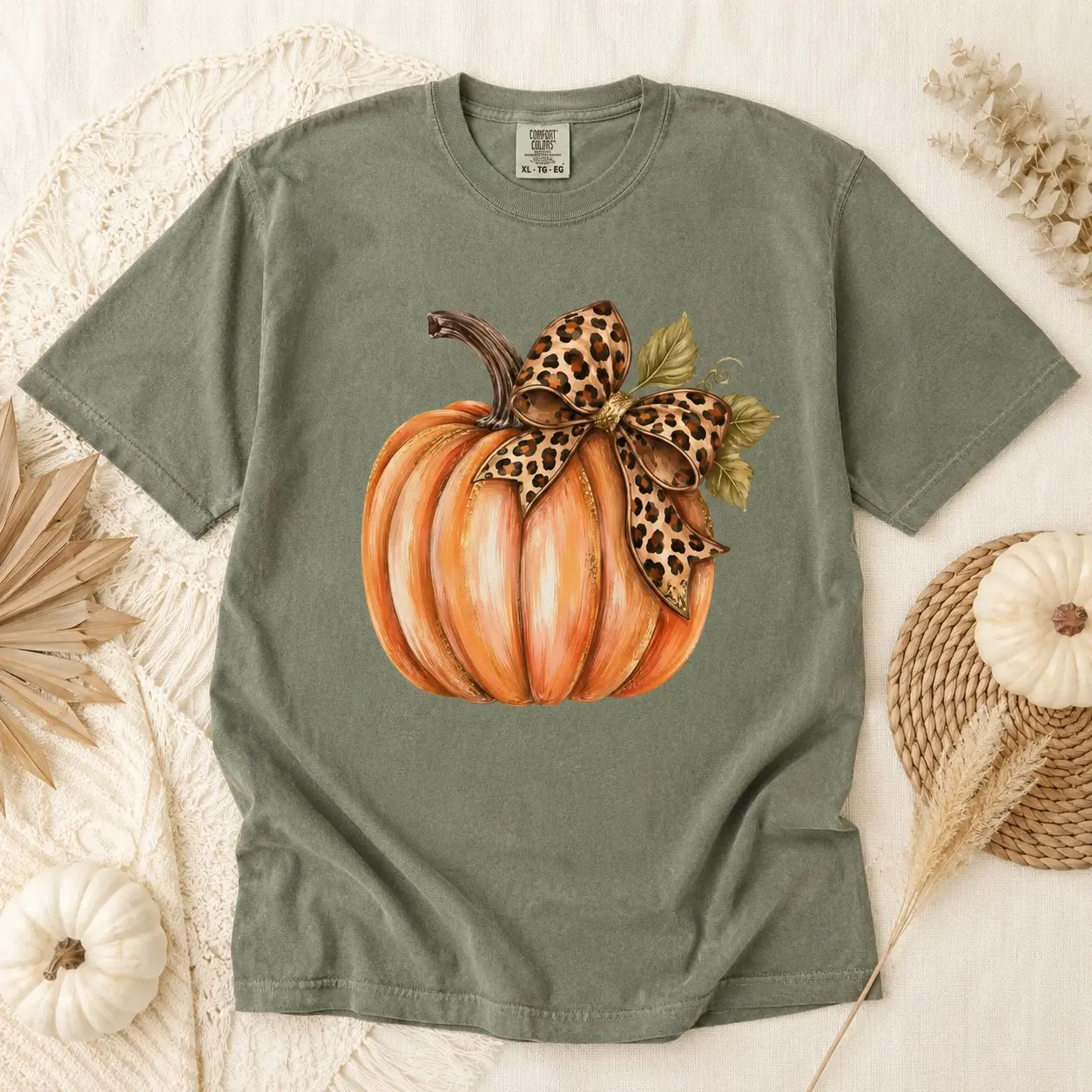 Comfort Colors Fall Patchwork Leopard Bow Pumpkins Shirt, Cute Country Autumn Thanksgiving Day Graphic Tee for Women - photo 4