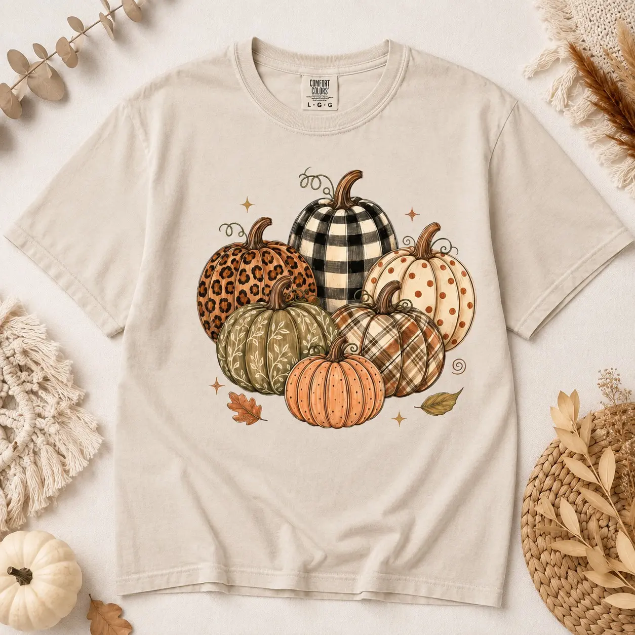 Comfort Colors Fall Patchwork Leopard Bow Pumpkins Shirt, Cute Country Autumn Thanksgiving Day Graphic Tee for Women - photo 5