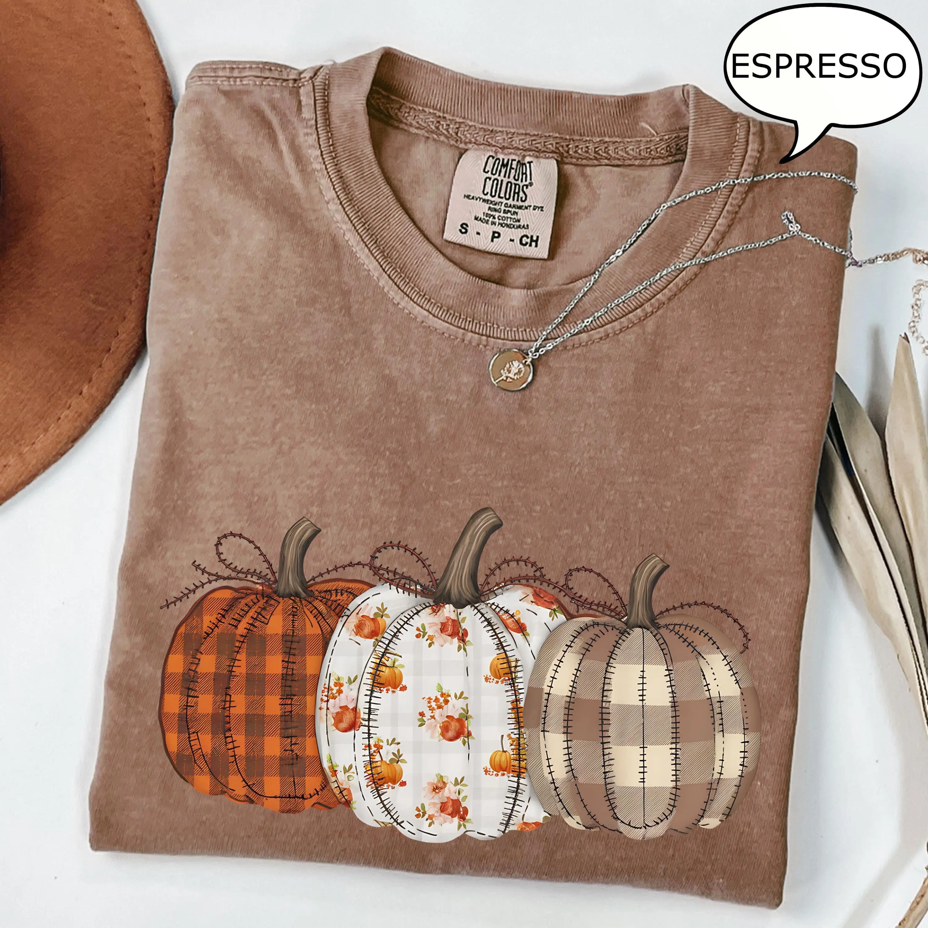 Comfort Colors Fall Pumpkin T-Shirt, Checkered Autumn Graphic Tee, Thanksgiving Gift for Women