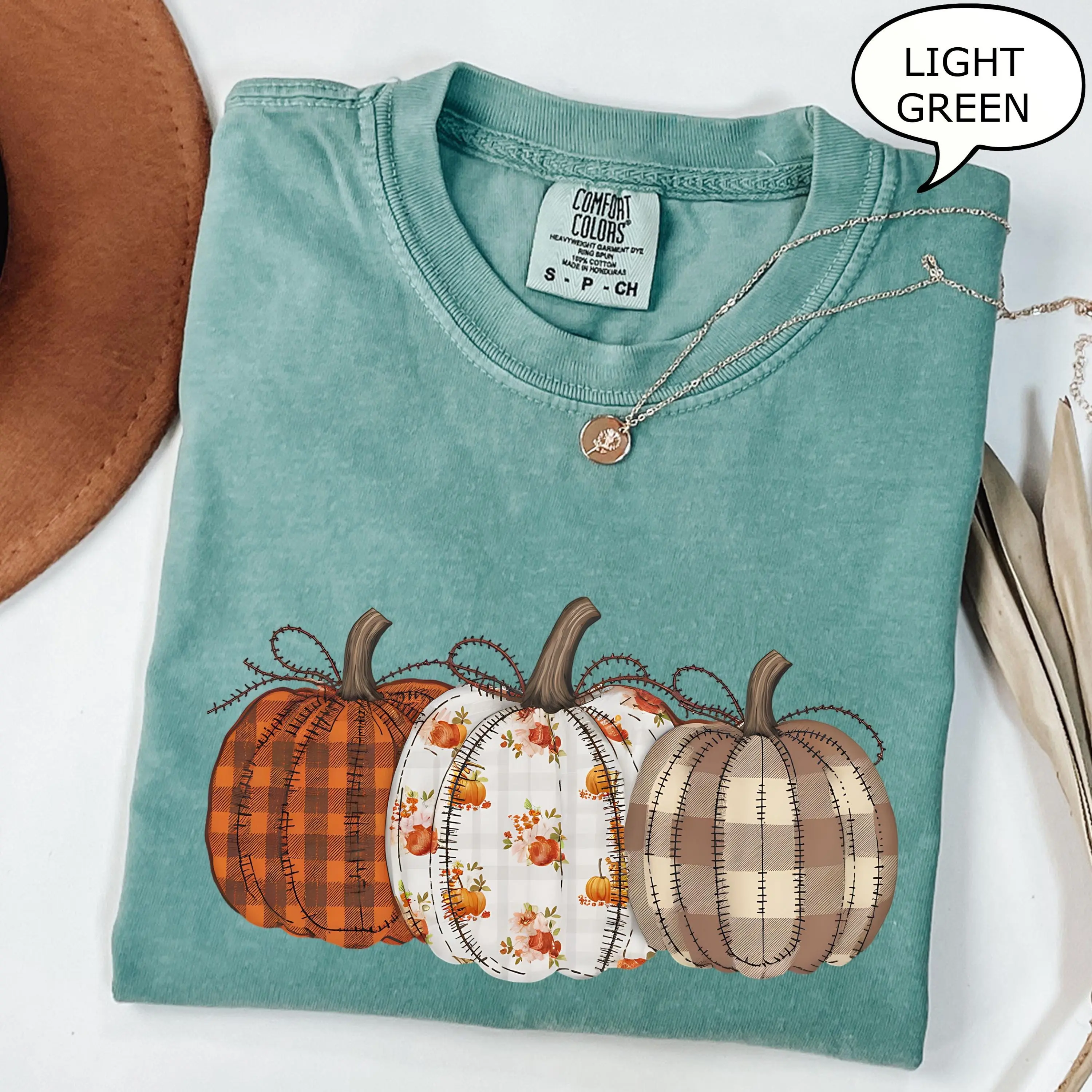 Comfort Colors Fall Pumpkin T-Shirt, Checkered Autumn Graphic Tee, Thanksgiving Gift for Women - photo 2