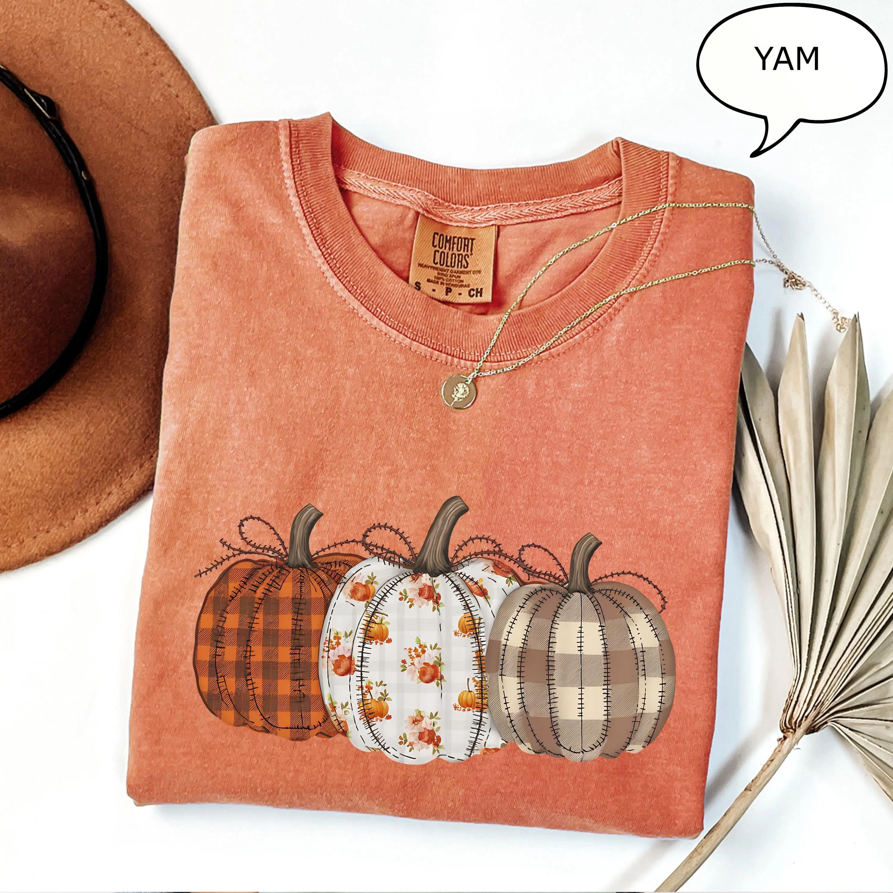 Comfort Colors Fall Pumpkin T-Shirt, Checkered Autumn Graphic Tee, Thanksgiving Gift for Women - photo 3