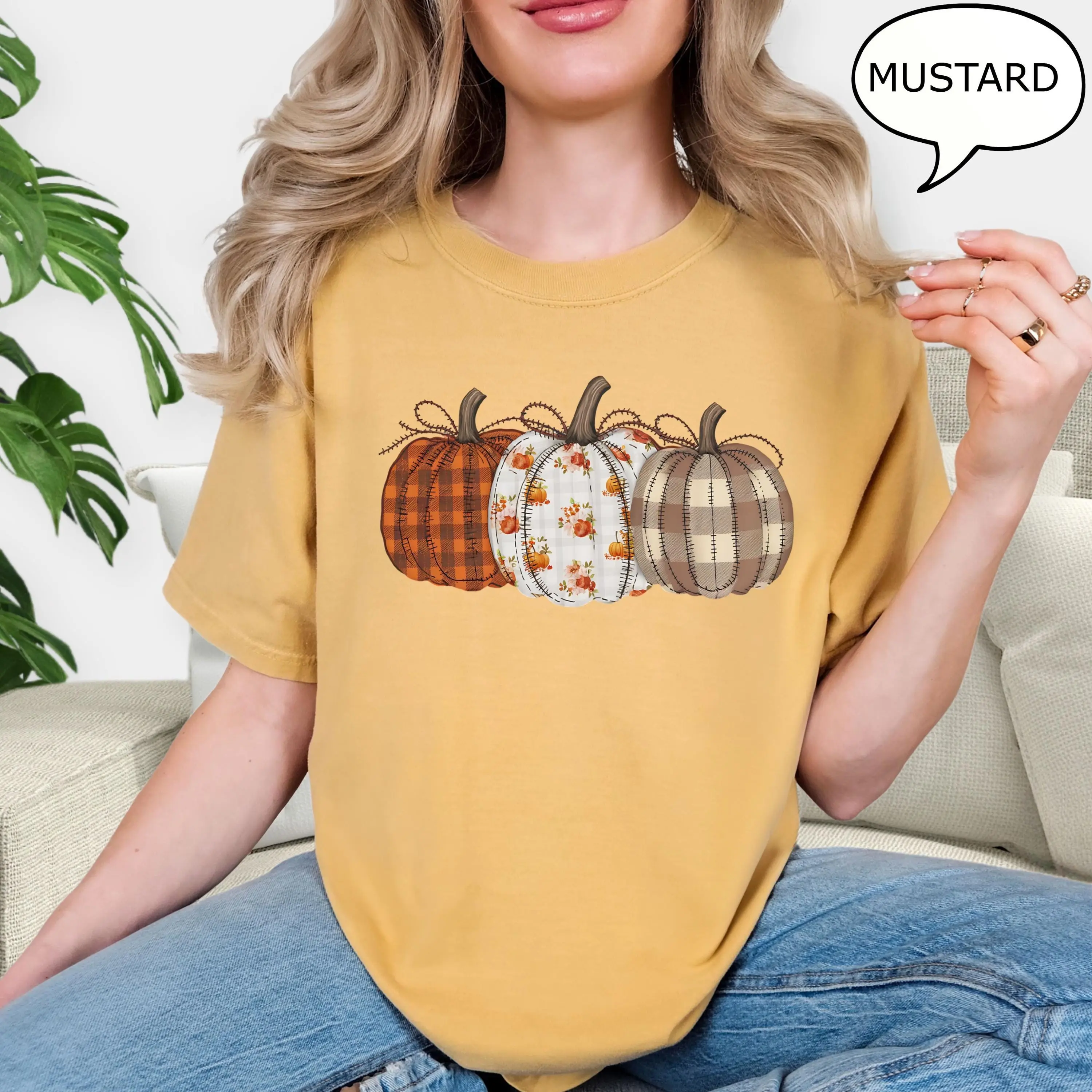 Comfort Colors Fall Pumpkin T-Shirt, Checkered Autumn Graphic Tee, Thanksgiving Gift for Women - photo 5