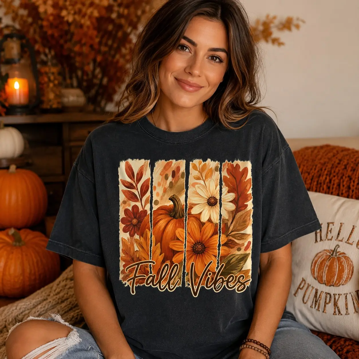 Comfort Colors Fall Vibes Shirt, Autumn Pumpkin Season Retro Floral Flowers Graphic Tee