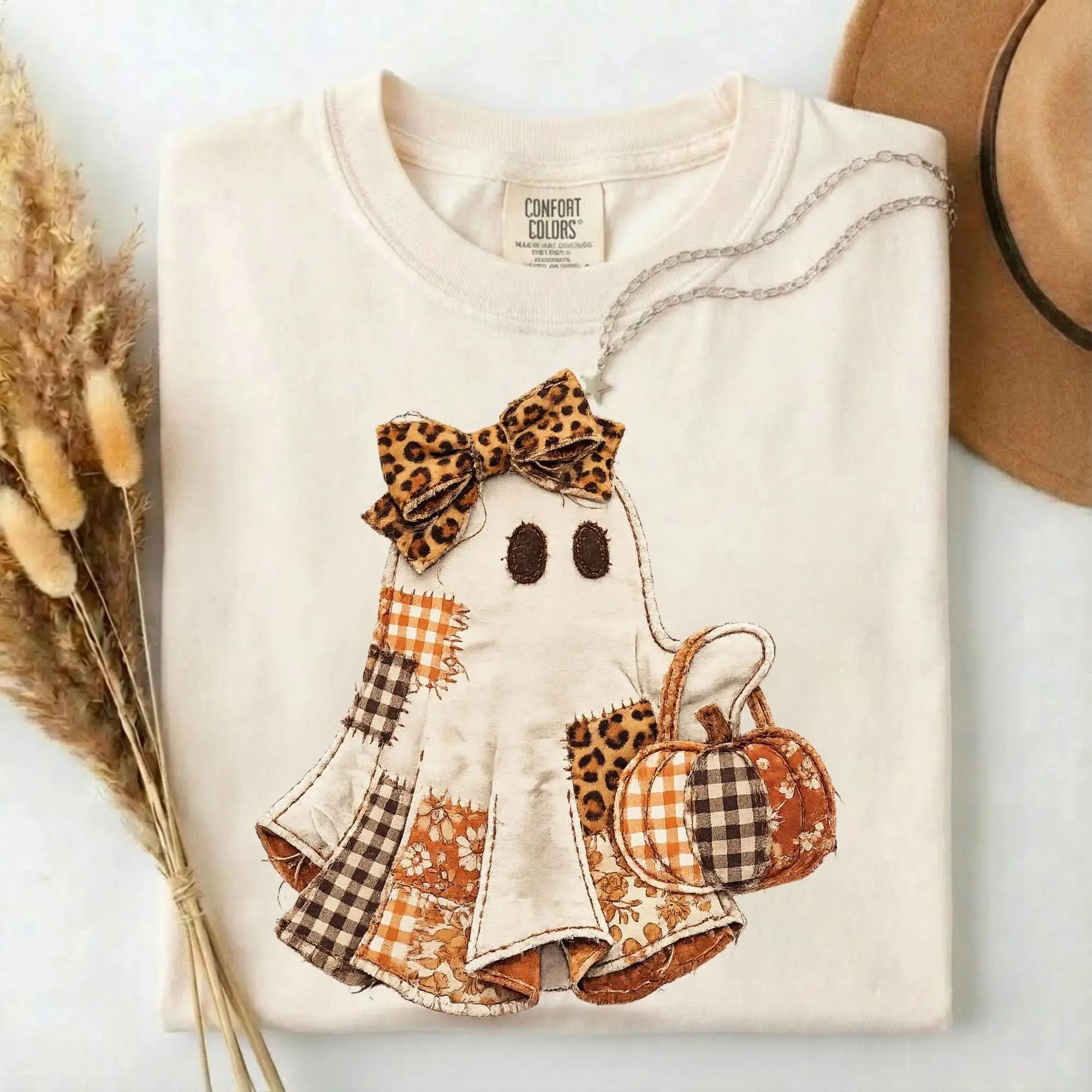 Comfort Colors Faux Patchwork Ghost Shirt, Coquette Cute Fall Pumpkin Trendy Spooky Season Tee for Women