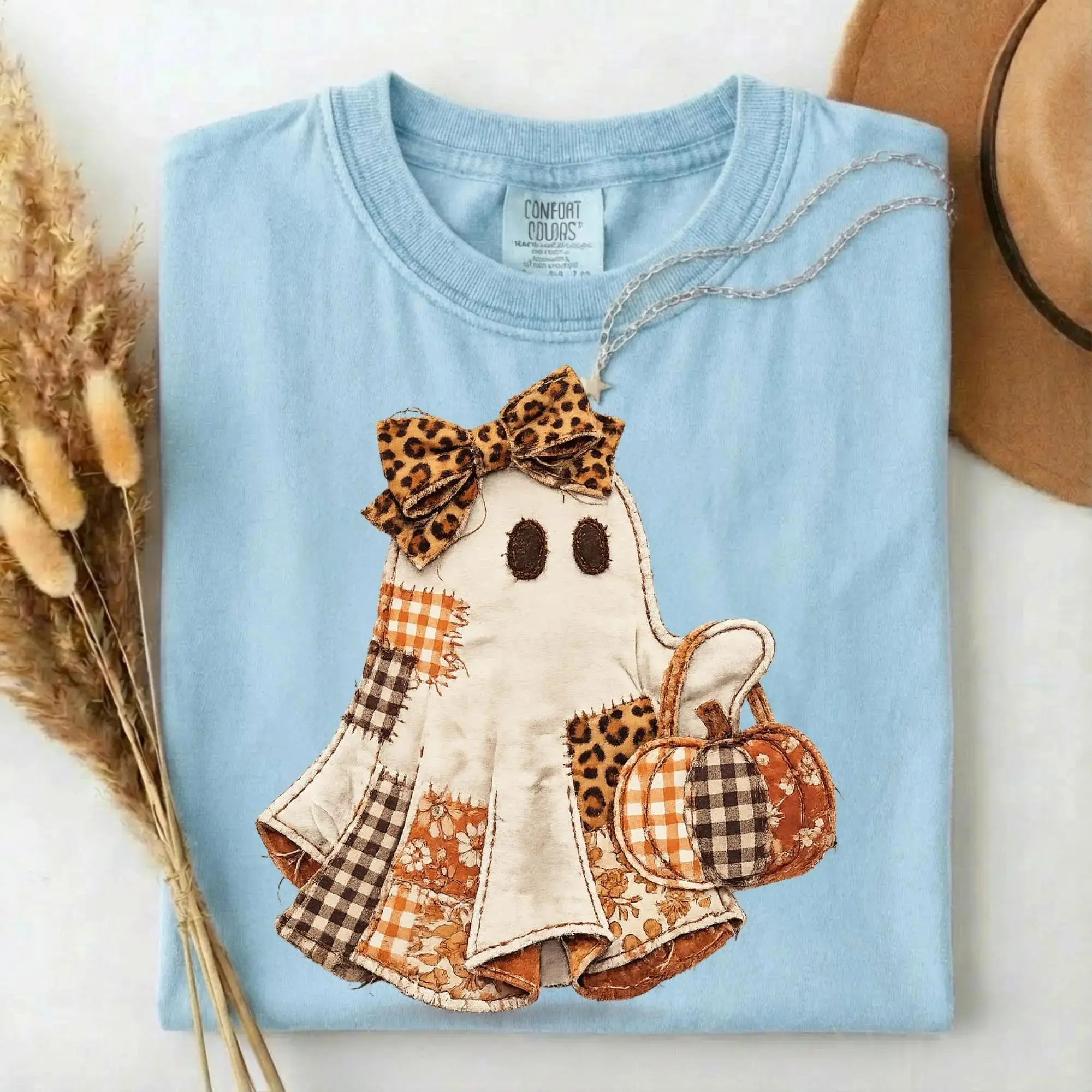 Comfort Colors Faux Patchwork Ghost Shirt, Coquette Cute Fall Pumpkin Trendy Spooky Season Tee for Women - photo 2