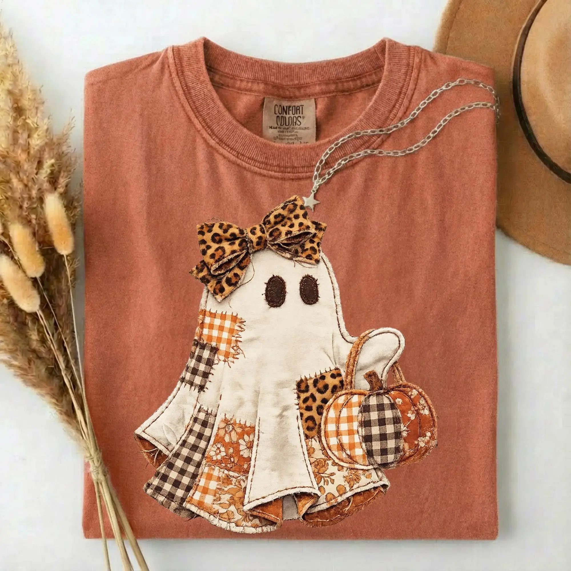 Comfort Colors Faux Patchwork Ghost Shirt, Coquette Cute Fall Pumpkin Trendy Spooky Season Tee for Women - photo 3