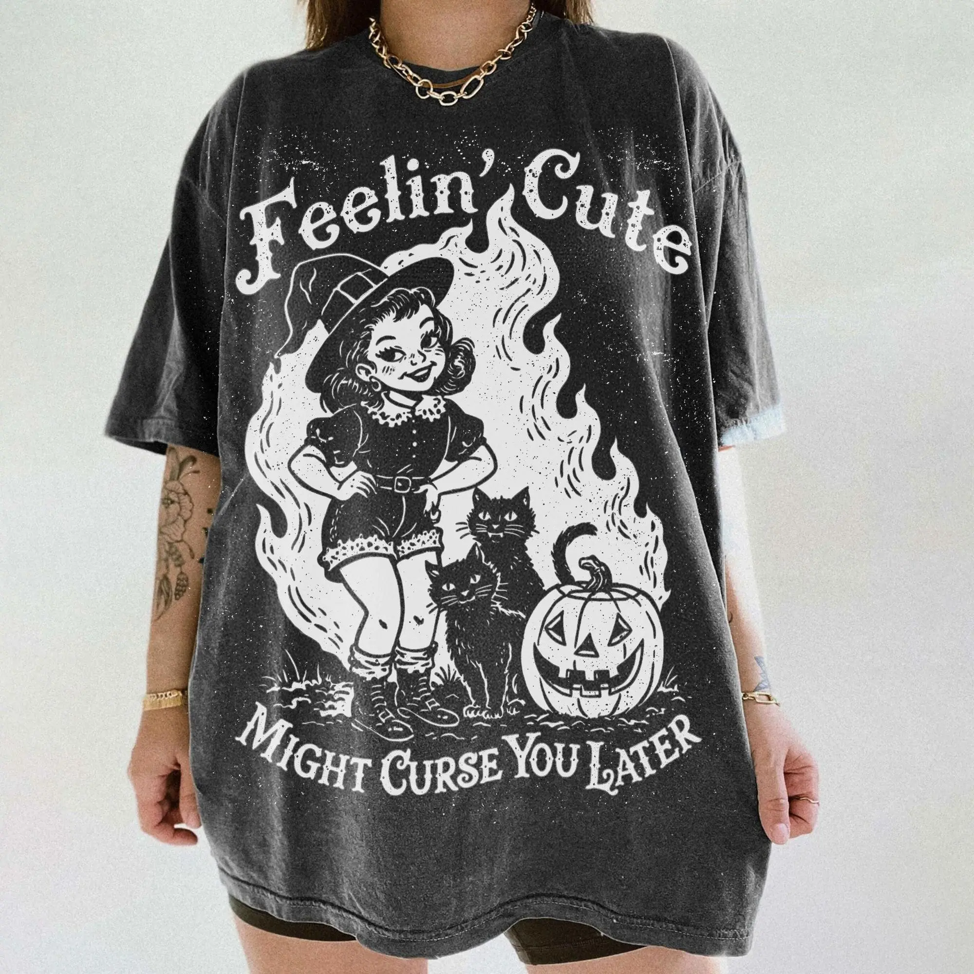 Comfort Colors Feelin Cute Might Curse You Later Shirt, Retro Witch Girl Halloween Graphic Tee For Women - photo 1