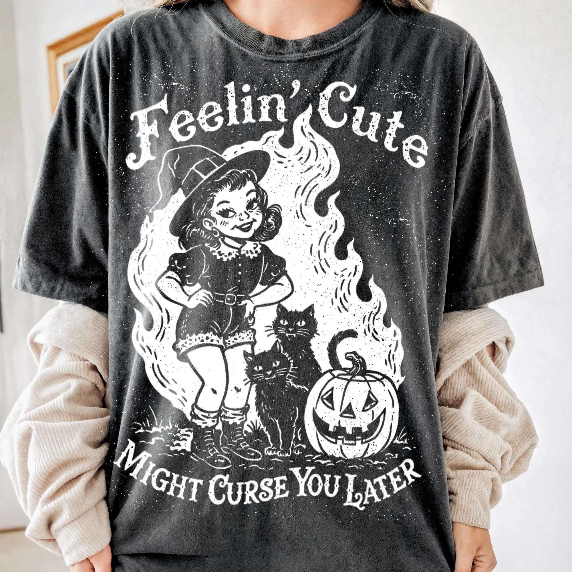 Comfort Colors Feelin Cute Might Curse You Later Shirt, Retro Witch Girl Halloween Graphic Tee For Women - photo 2