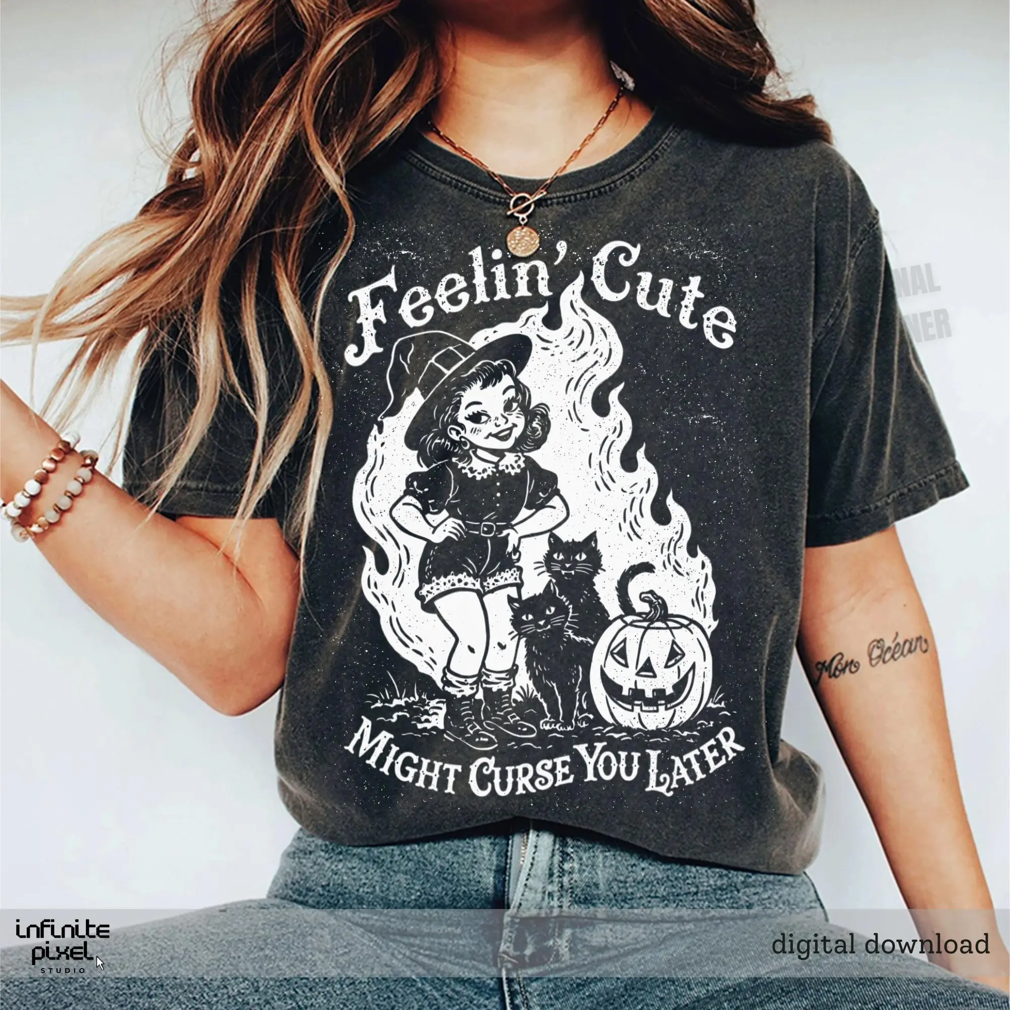 Comfort Colors Feelin Cute Might Curse You Later Shirt, Retro Witch Girl Halloween Graphic Tee For Women - photo 3