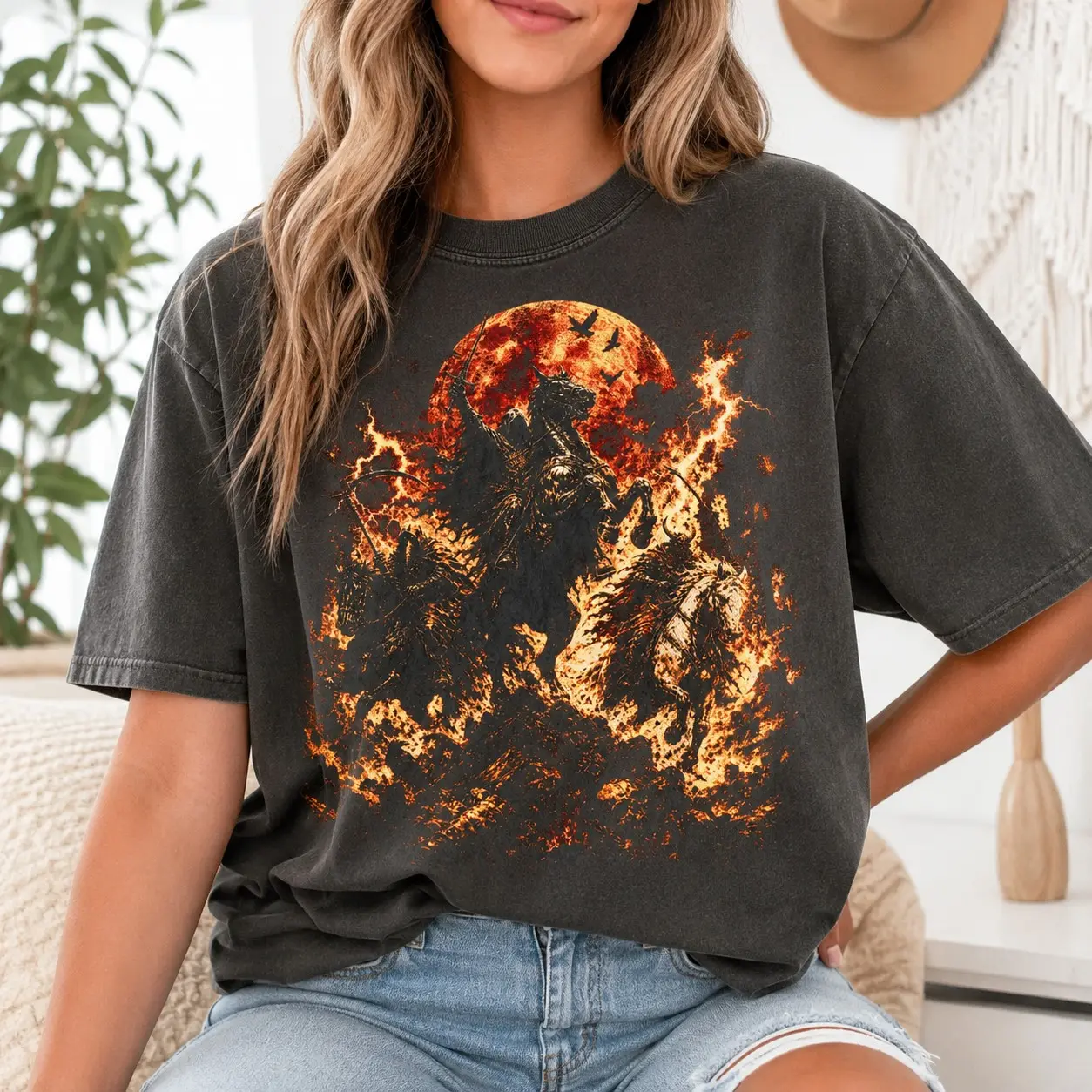 Comfort Colors Fiery Dragon Castle Blood Moon Shirts for Women Halloween Festival