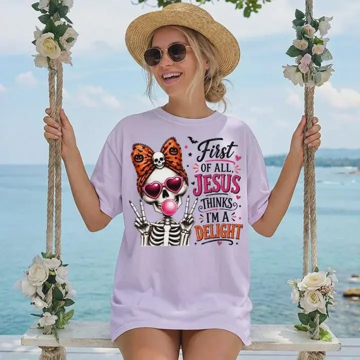 Comfort Colors First Of All Jesus Thinks I'm A Delight Skeleton Shirt, Funny Christian Halloween Tee - photo 2