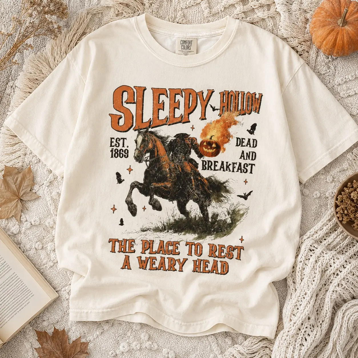 Comfort Colors Flaming Pumpkin Head Horseman Est 1869 Shirt for Women, Halloween Festival Tee, Distressed Country Fall Sister Gift - photo 2