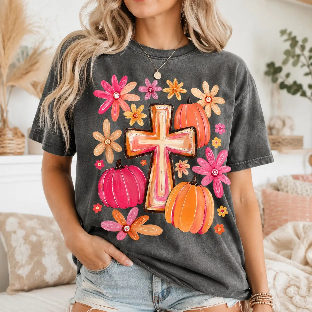 Comfort Colors Floral Cross Wooden Pumpkin Shirt, Vintage Charming Faith Autumn Church Mom Gift Tee