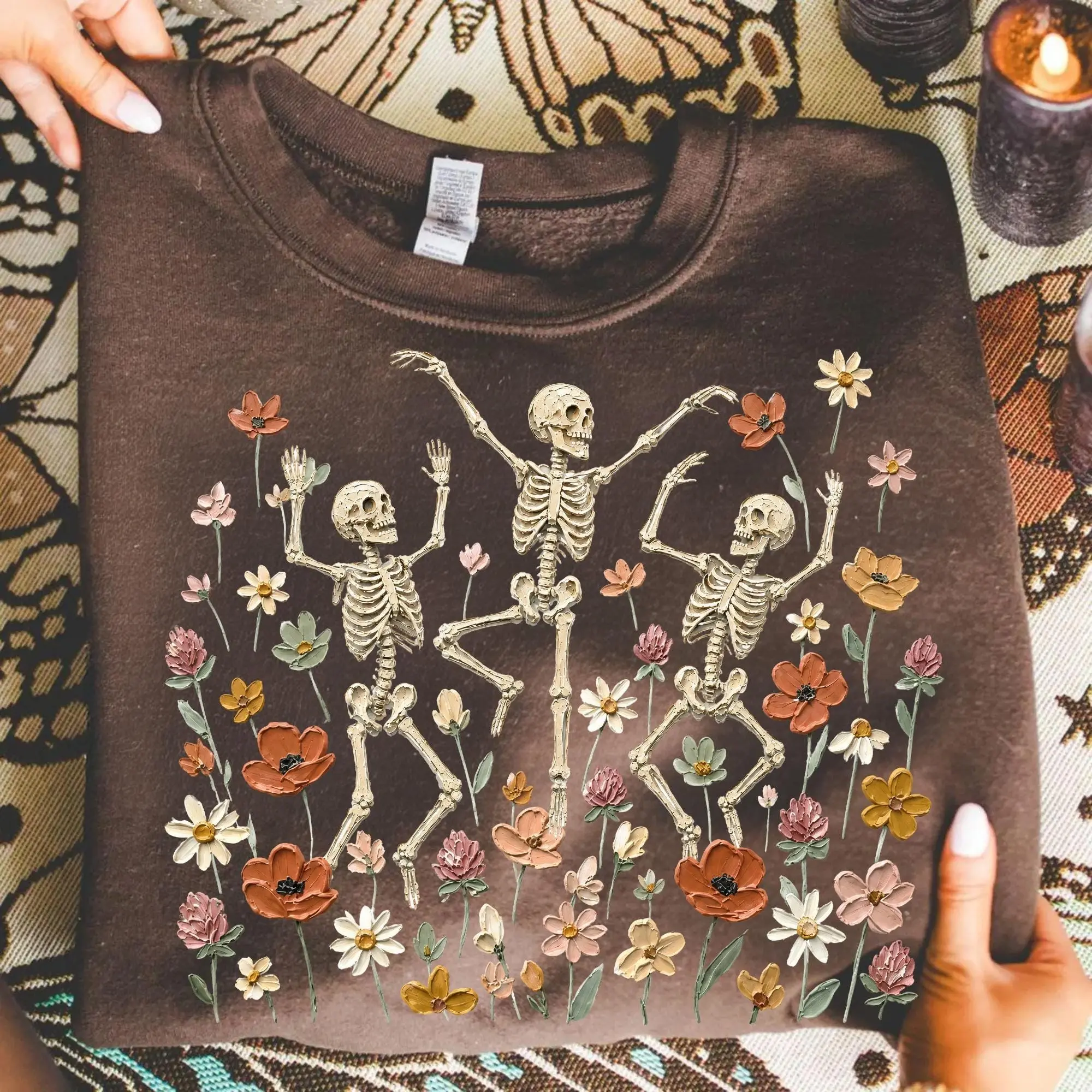 Comfort Colors Floral Dancing Skeleton Halloween Shirt, Boho Spooky Wildflower Tee