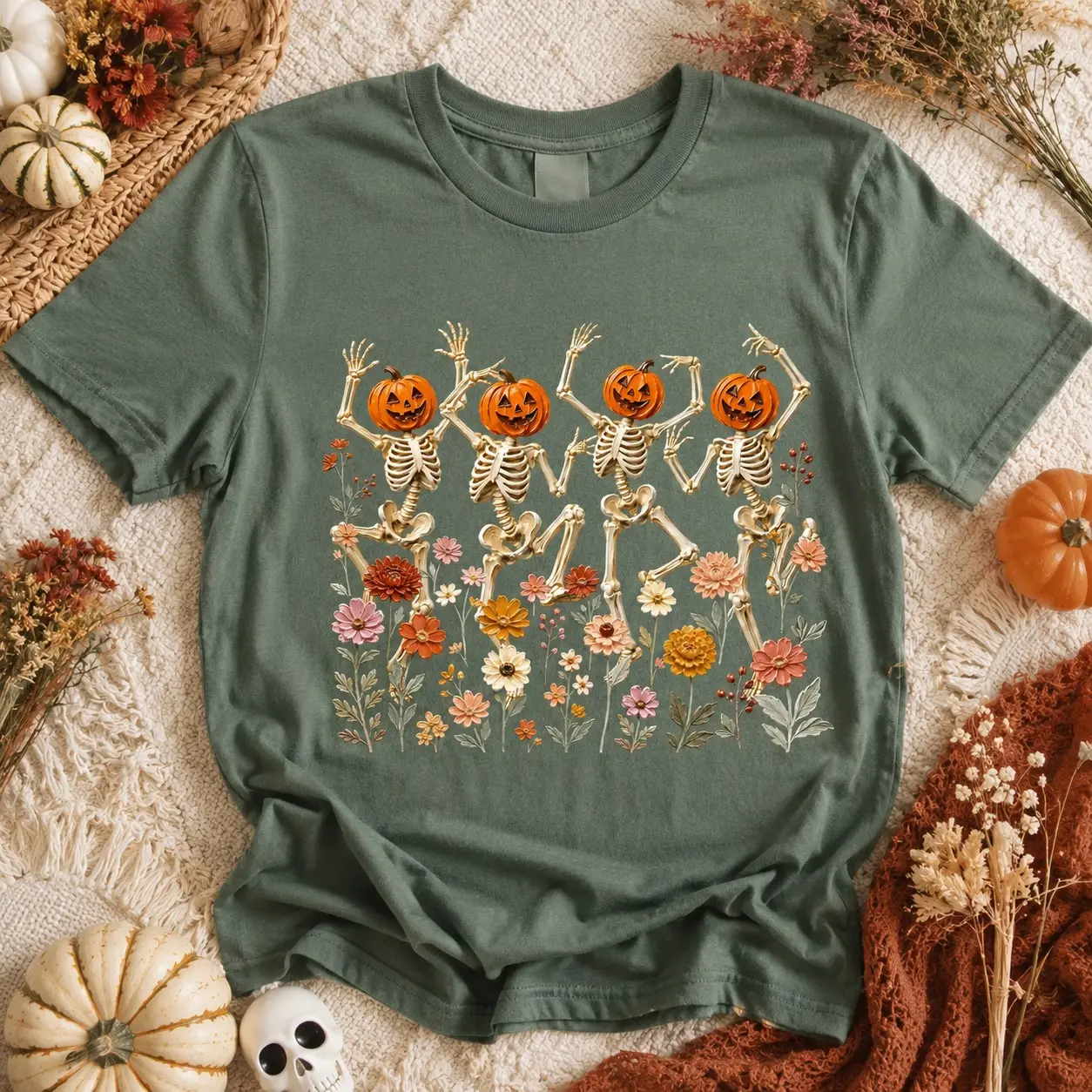 Comfort Colors Floral Dancing Skeletons Shirt, Botanical Pumpkin Spooky Fall Vibes Graphic Tee