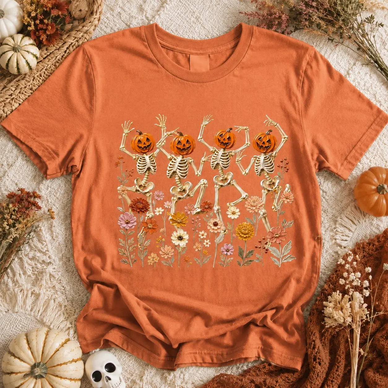 Comfort Colors Floral Dancing Skeletons Shirt, Botanical Pumpkin Spooky Fall Vibes Graphic Tee - photo 2