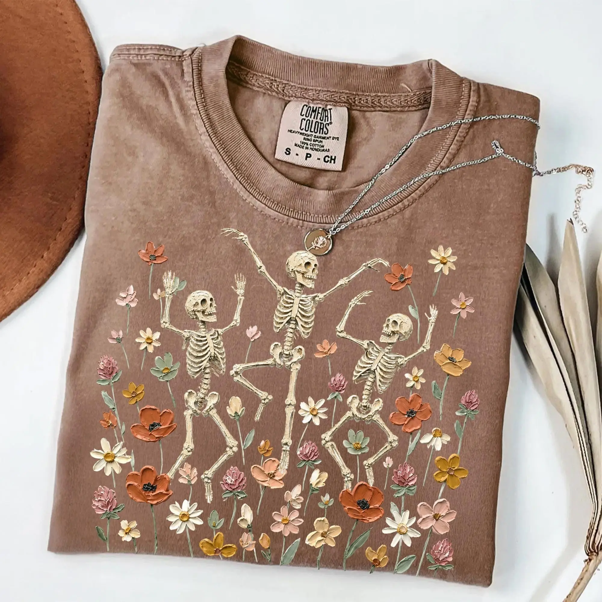 Comfort Colors Floral Dancing Skeleton Halloween Shirt, Boho Spooky Wildflower Tee - photo 2