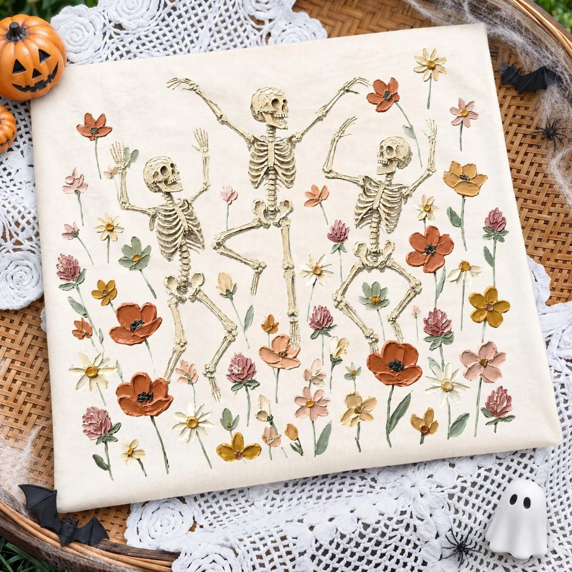 Comfort Colors Floral Dancing Skeleton Halloween Shirt, Boho Spooky Wildflower Tee - photo 3