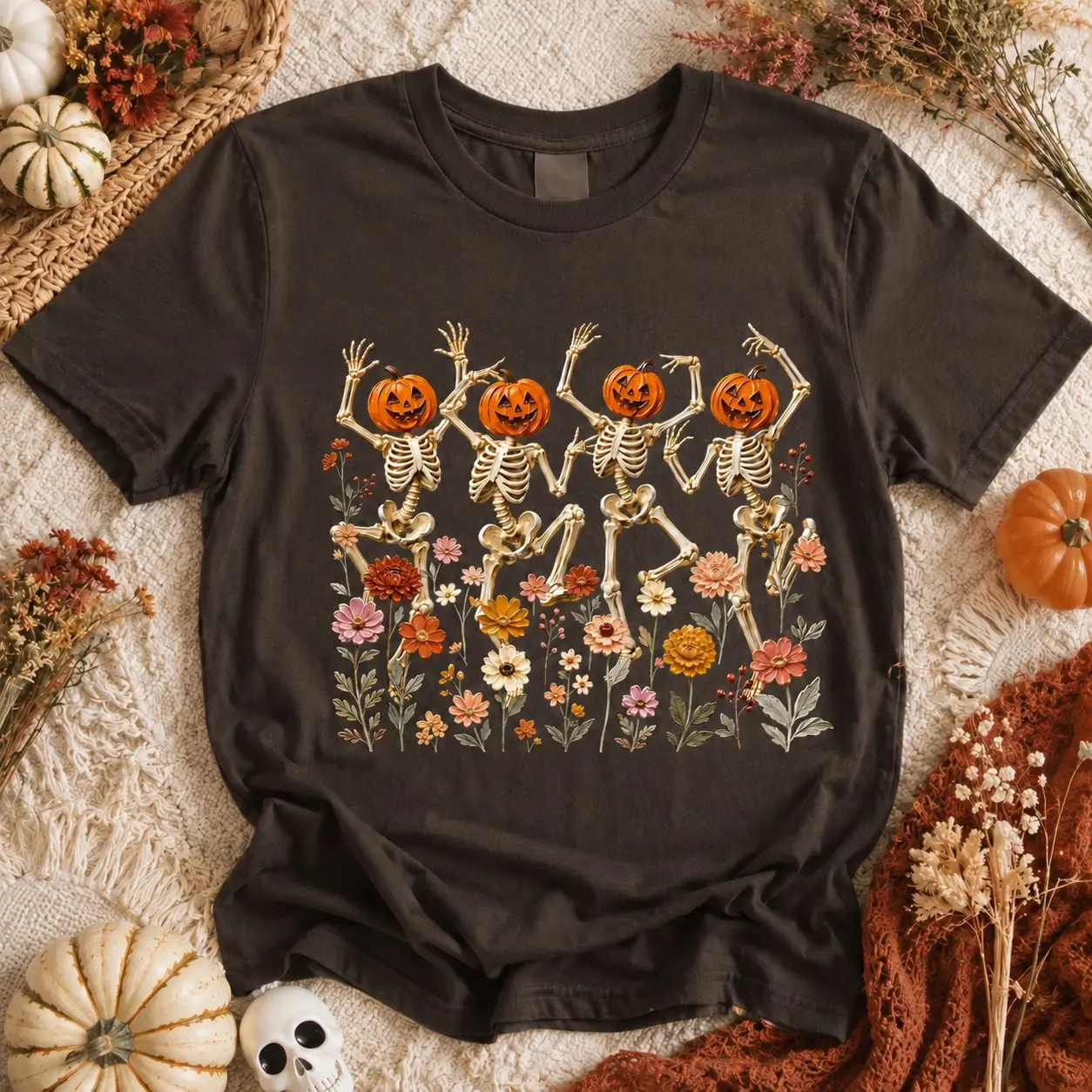 Comfort Colors Floral Dancing Skeletons Shirt, Botanical Pumpkin Spooky Fall Vibes Graphic Tee - photo 3