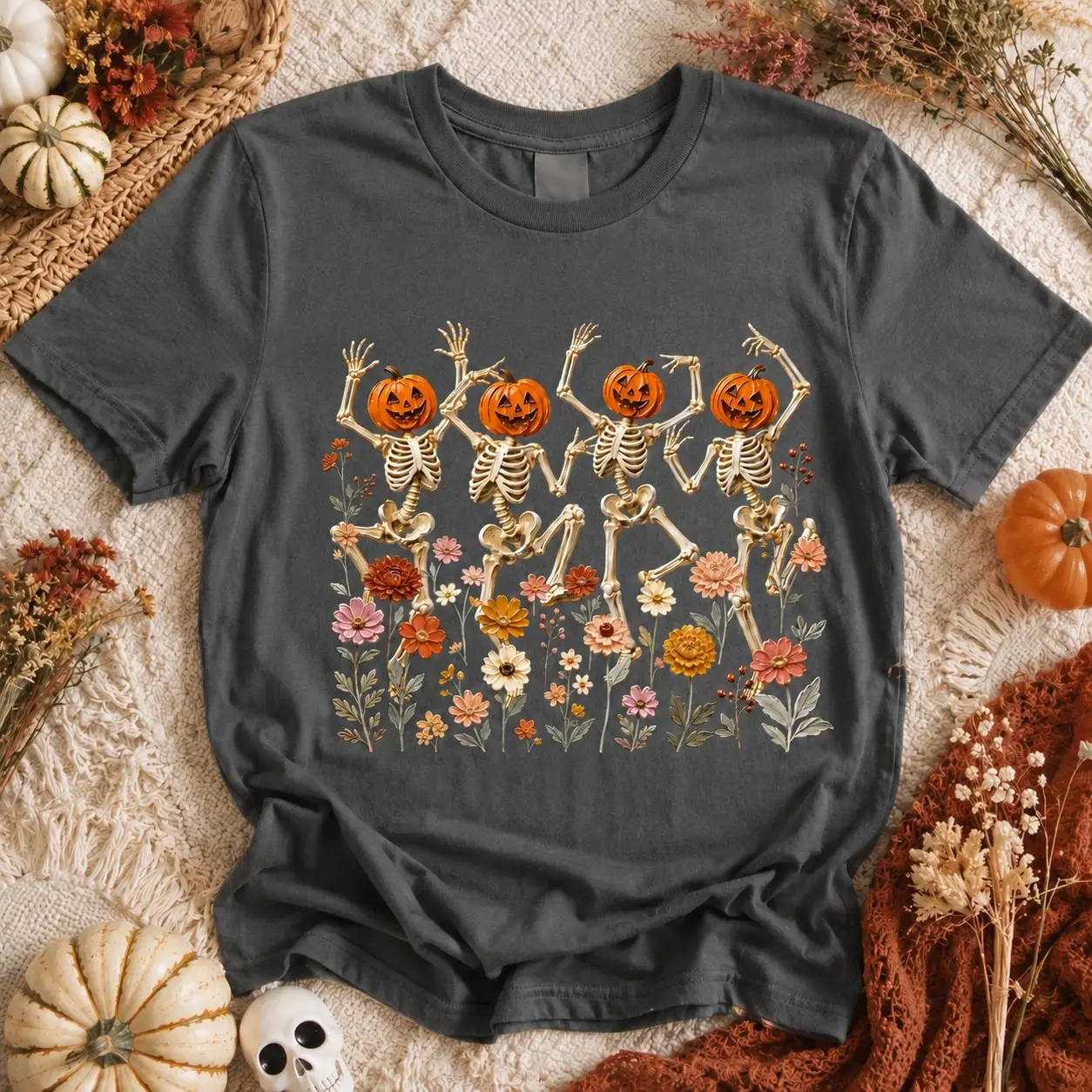 Comfort Colors Floral Dancing Skeletons Shirt, Botanical Pumpkin Spooky Fall Vibes Graphic Tee - photo 4