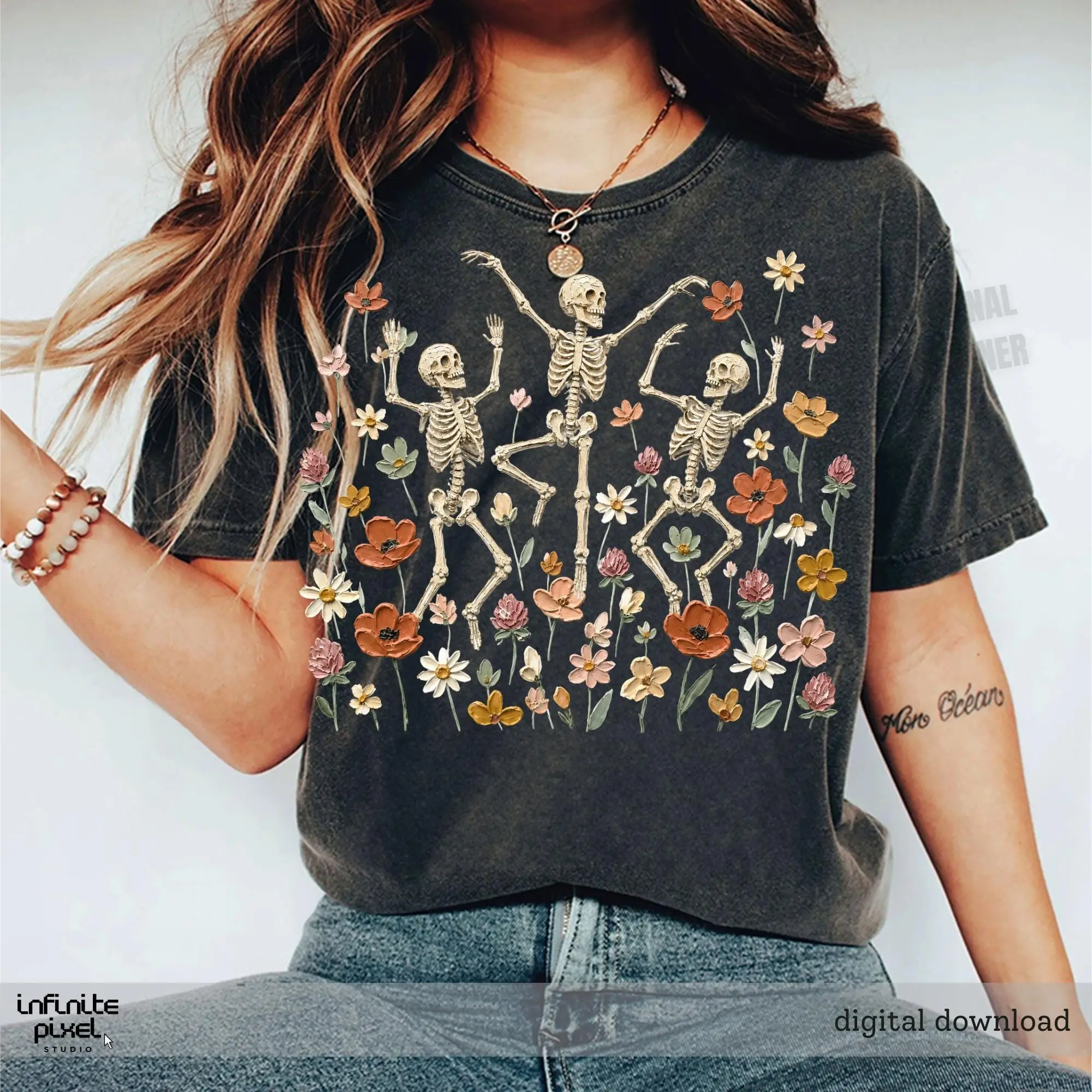Comfort Colors Floral Dancing Skeleton Halloween Shirt, Boho Spooky Wildflower Tee - photo 4
