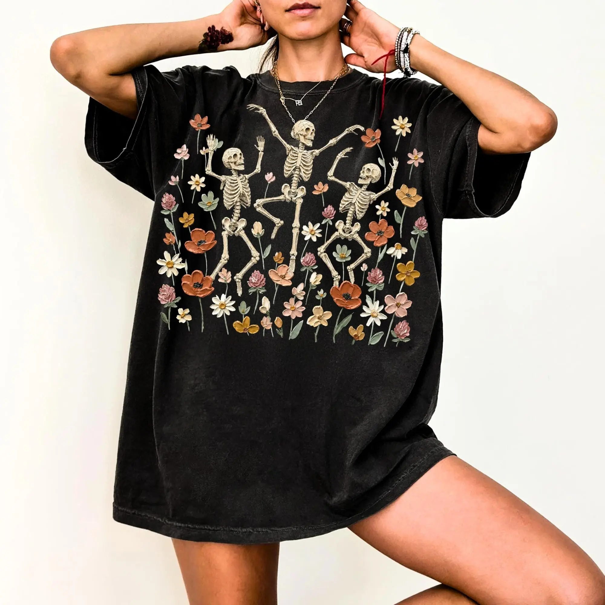 Comfort Colors Floral Dancing Skeleton Halloween Shirt, Boho Spooky Wildflower Tee - photo 5