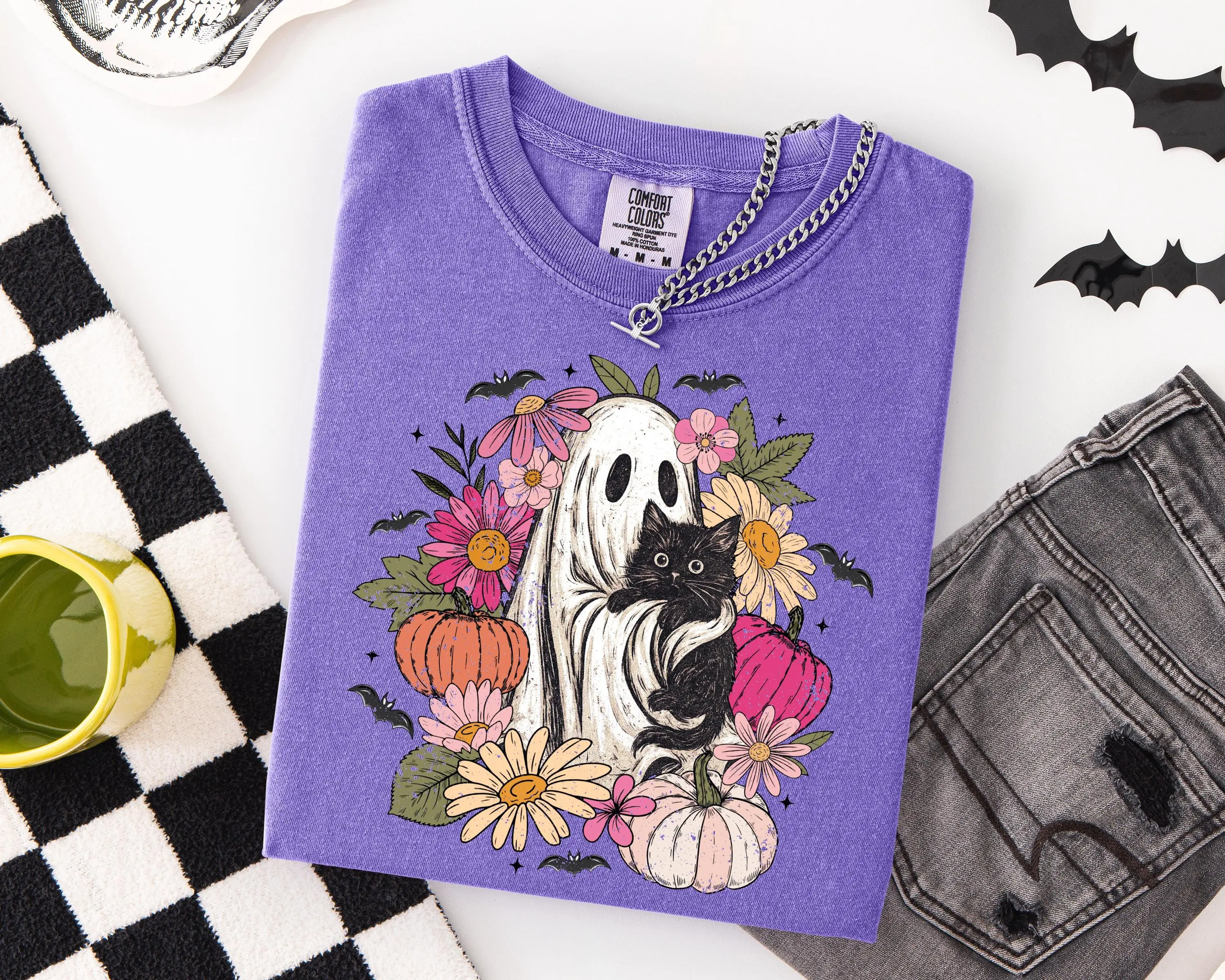 Comfort Colors Floral Ghost Cat Shirt, Cute Black Kitten Halloween Top, Boho Fall Pumpkin Spooky Tee - photo 2