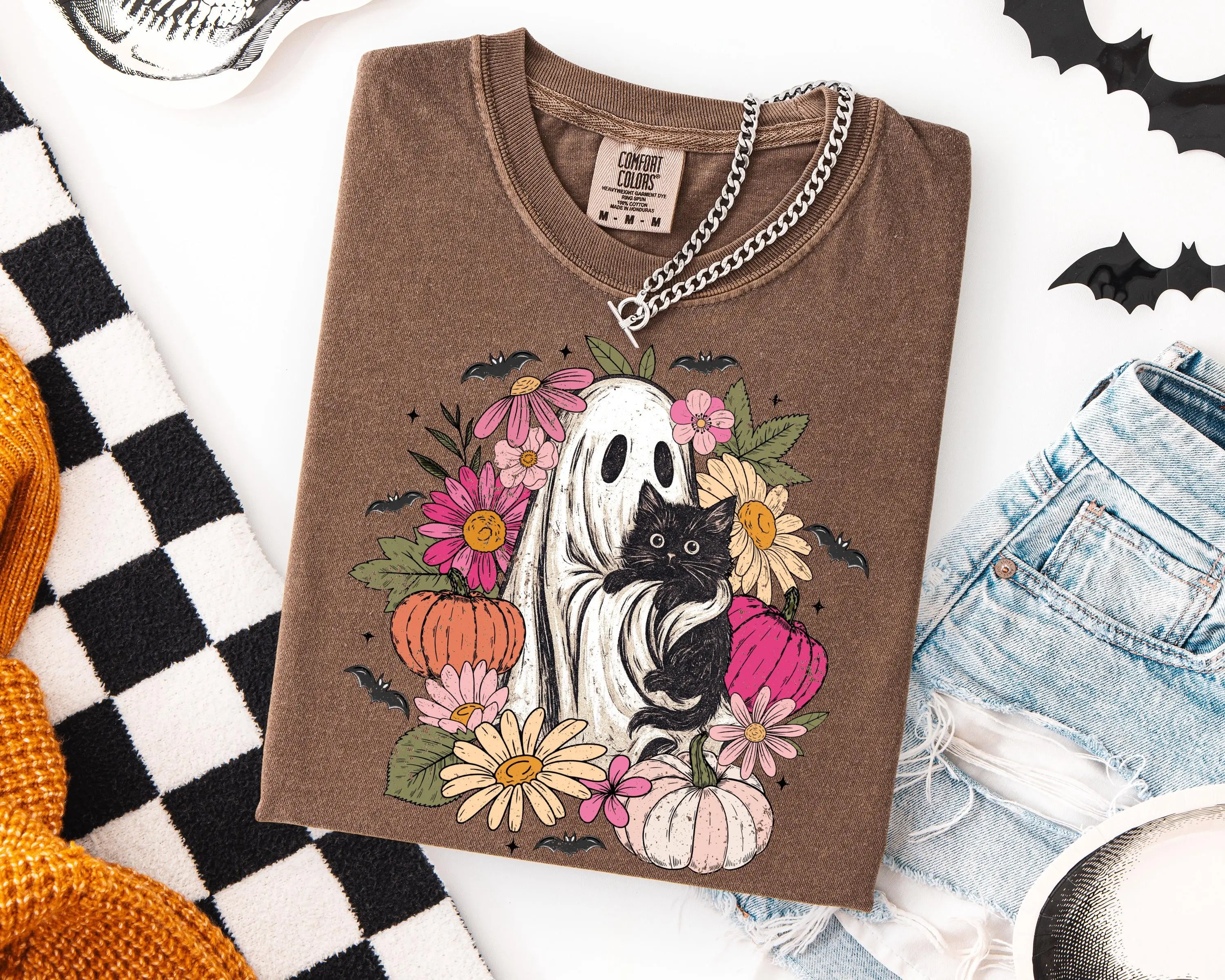 Comfort Colors Floral Ghost Cat Shirt, Cute Black Kitten Halloween Top, Boho Fall Pumpkin Spooky Tee - photo 5