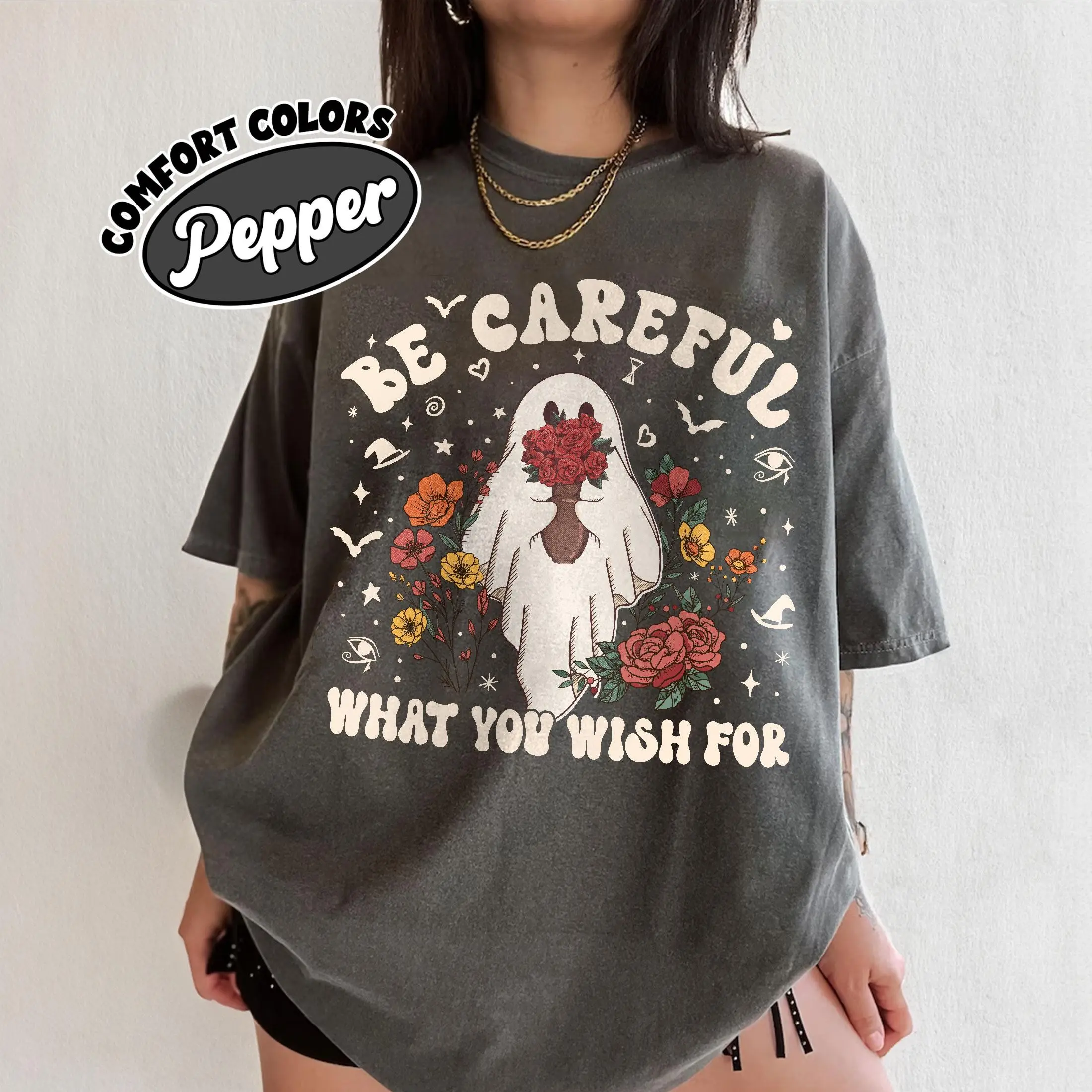 Comfort Colors Floral Ghost Halloween Shirt, Be Careful What You Wish For Tee, Cute Spooky Season Thriller Movie Top