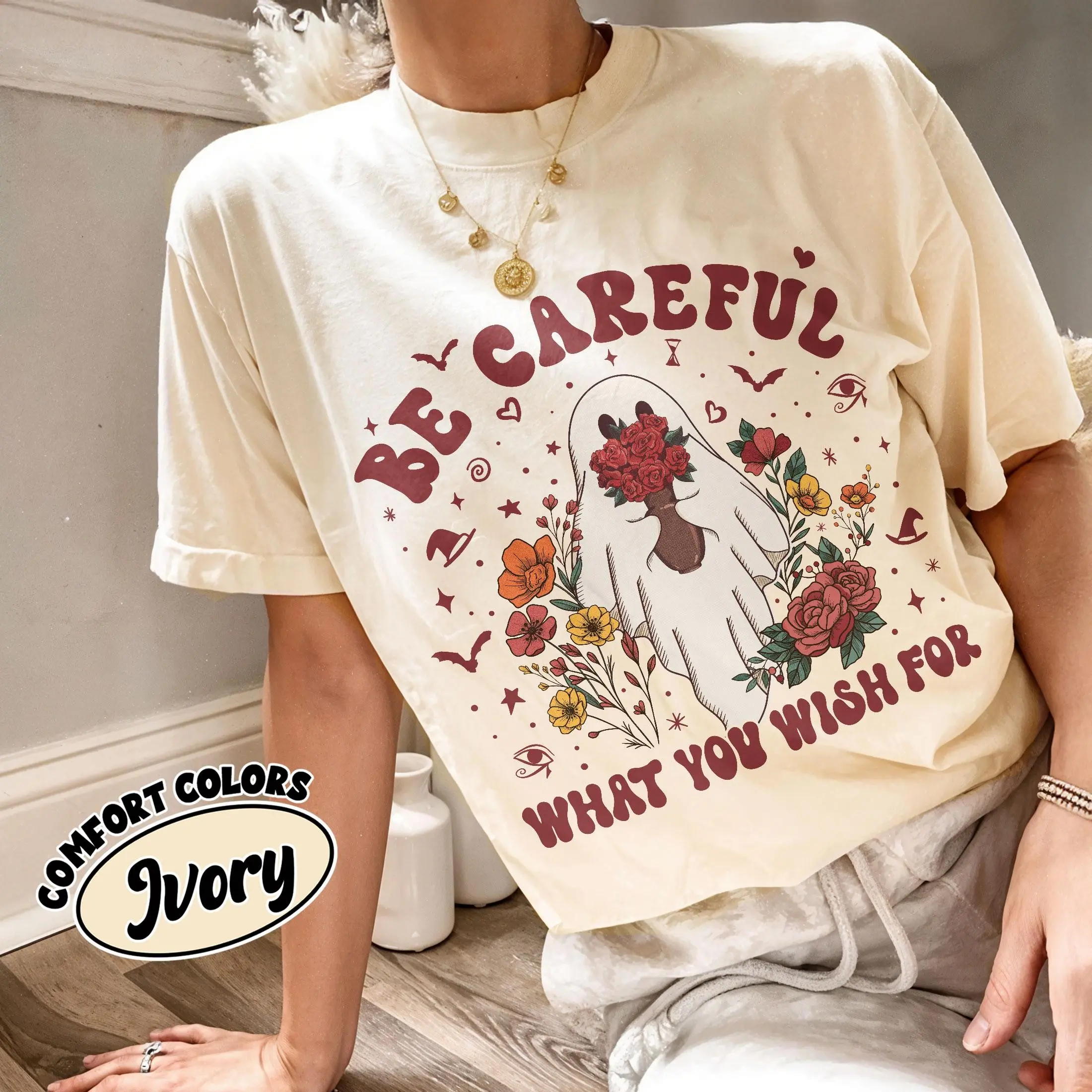 Comfort Colors Floral Ghost Halloween Shirt, Be Careful What You Wish For Tee, Cute Spooky Season Thriller Movie Top - photo 2
