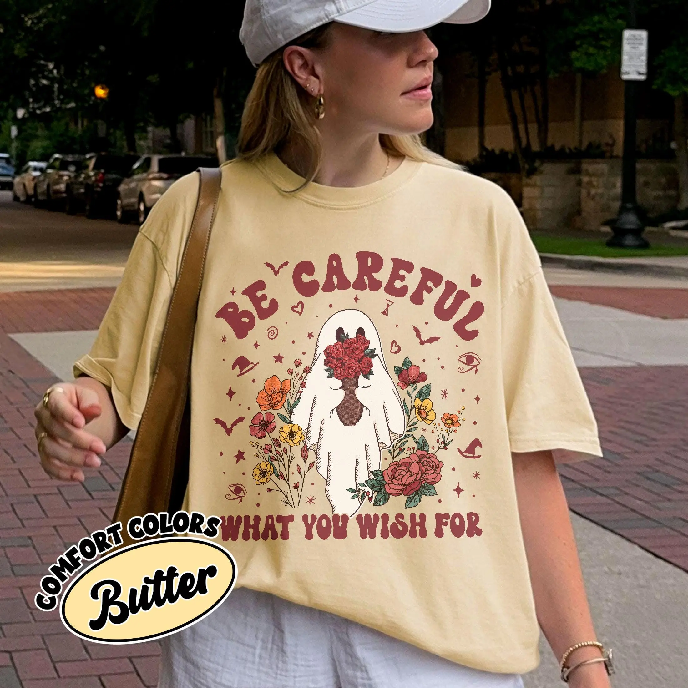 Comfort Colors Floral Ghost Halloween Shirt, Be Careful What You Wish For Tee, Cute Spooky Season Thriller Movie Top - photo 3
