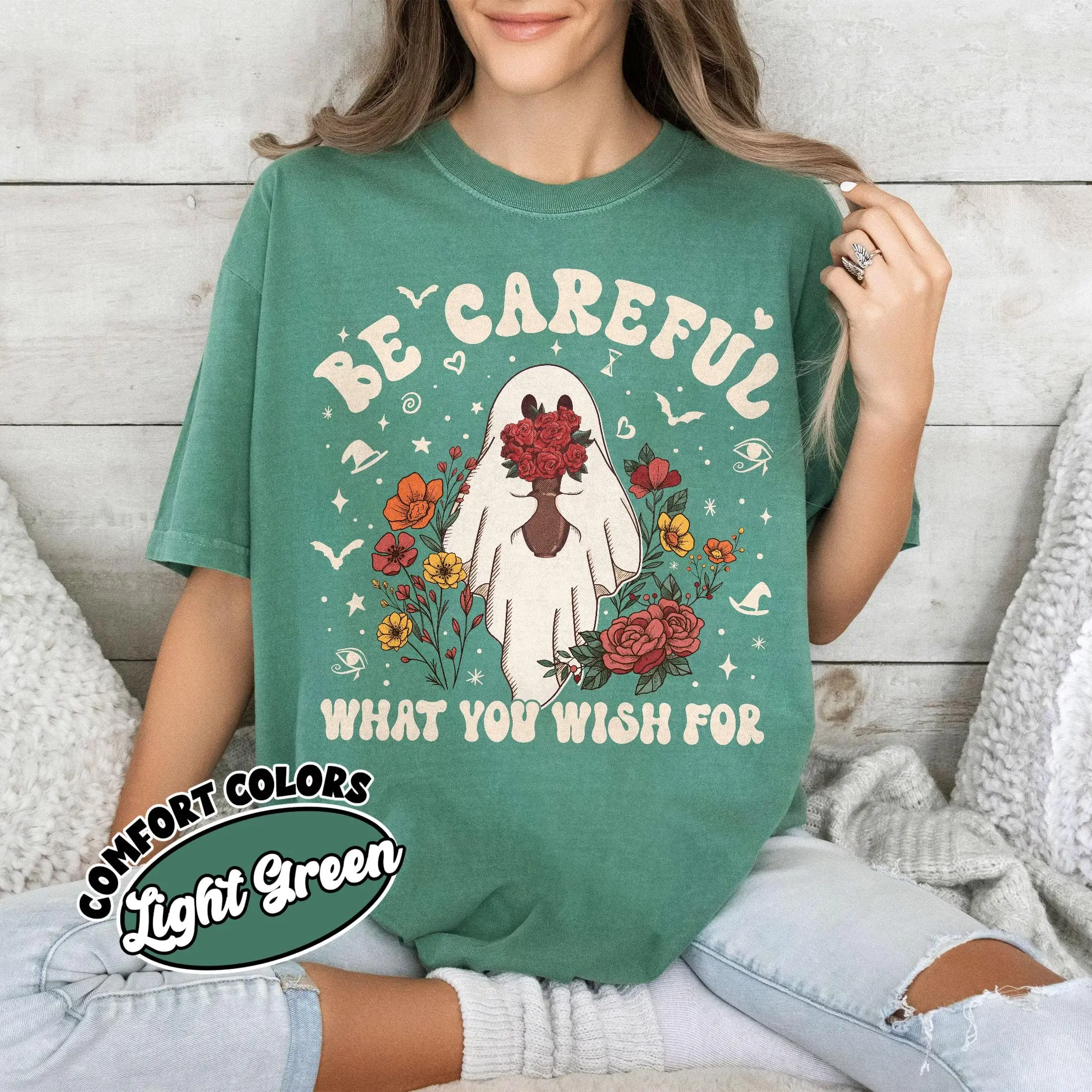 Comfort Colors Floral Ghost Halloween Shirt, Be Careful What You Wish For Tee, Cute Spooky Season Thriller Movie Top - photo 4