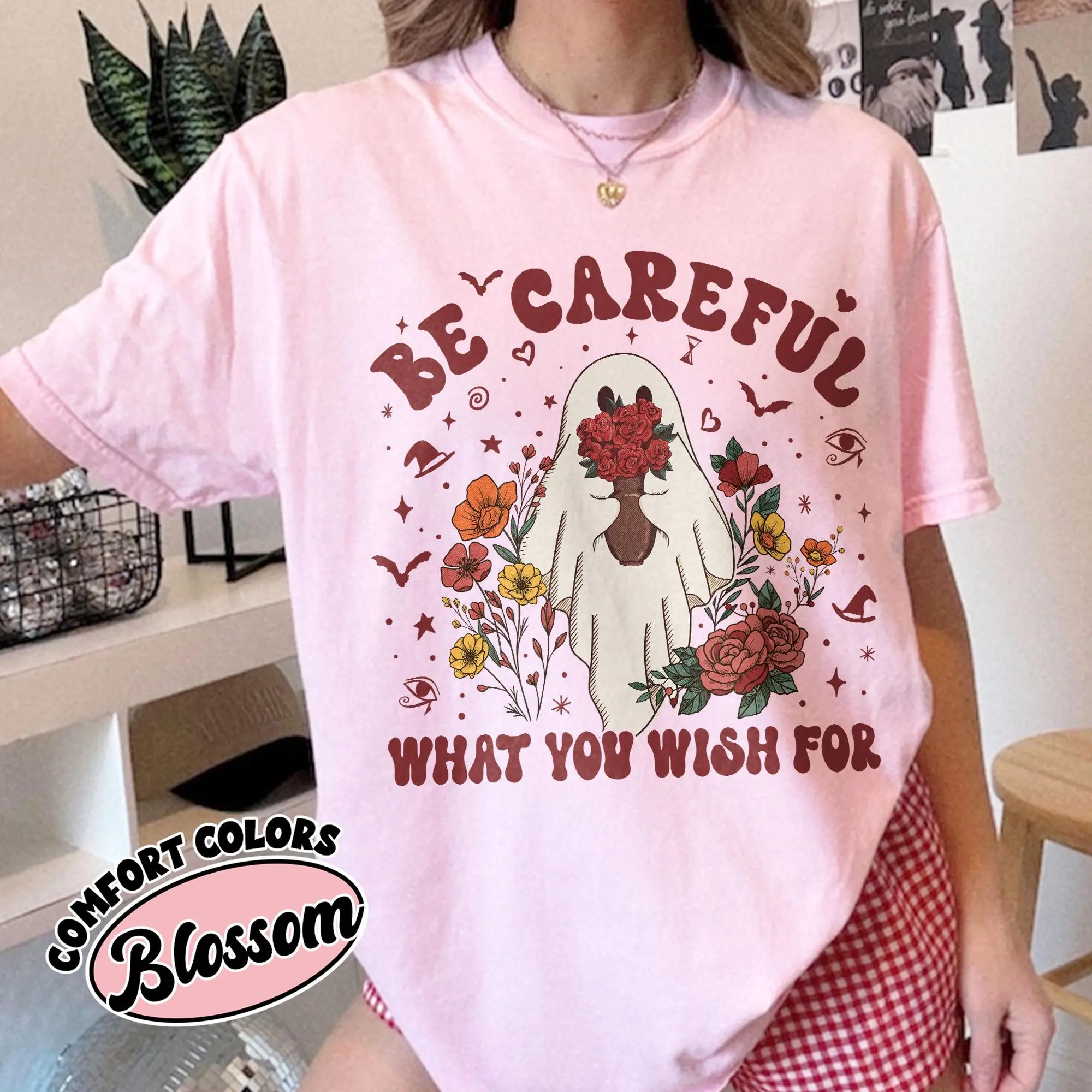 Comfort Colors Floral Ghost Halloween Shirt, Be Careful What You Wish For Tee, Cute Spooky Season Thriller Movie Top - photo 5